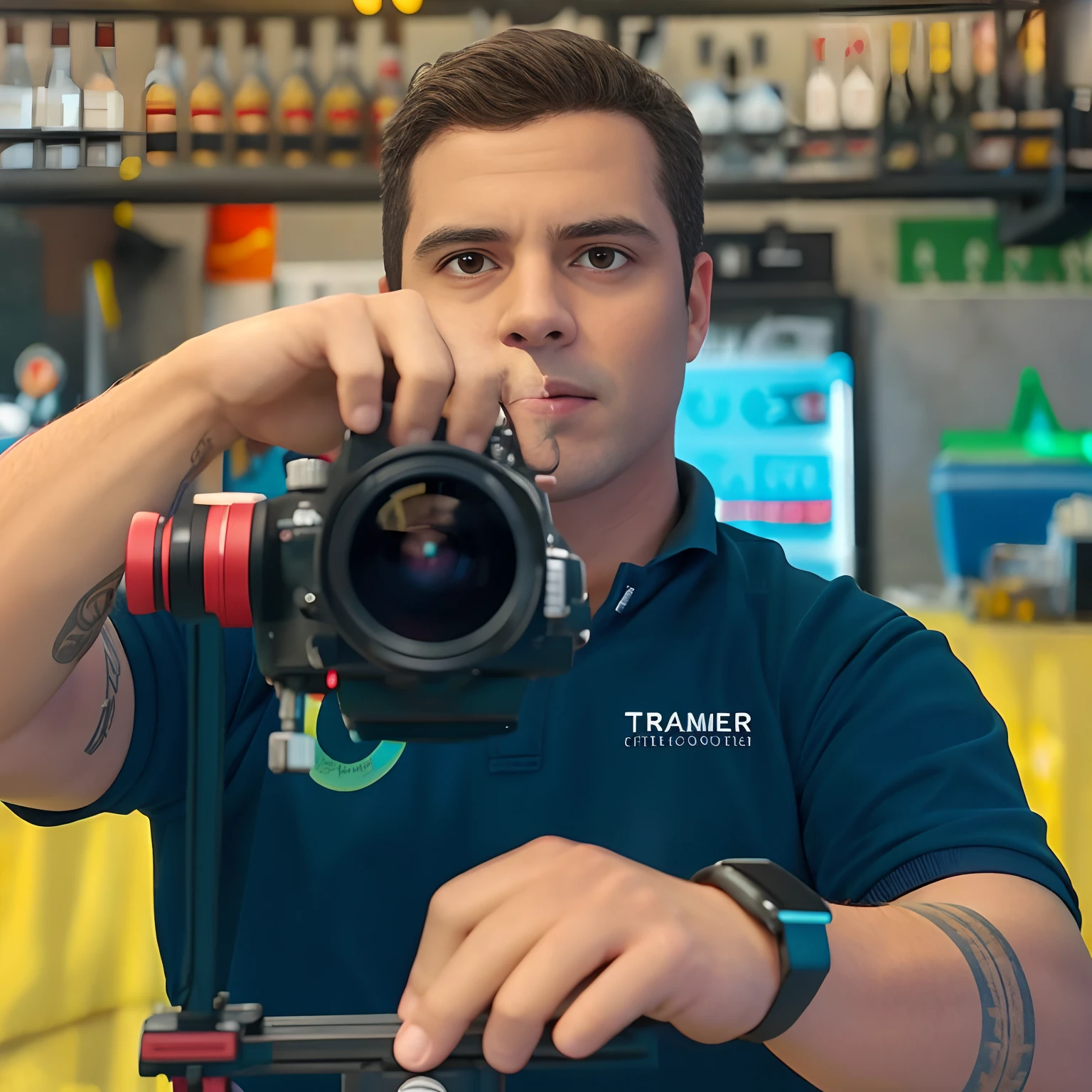 There's a man holding a camera in front of a camera, fotografia comercial, reboque, shot on anamorphic lenses, Fabian Wagner Cinematografia, fotografia comercial, cinematografia premiada, cinematografic, foto comercial, Filmed on red camera, Cinematographic photo, fotografia principal, Foto comercial, Directed by: Felipe Seade, with anamorphic lenses, Greig Fraser Cinematografia