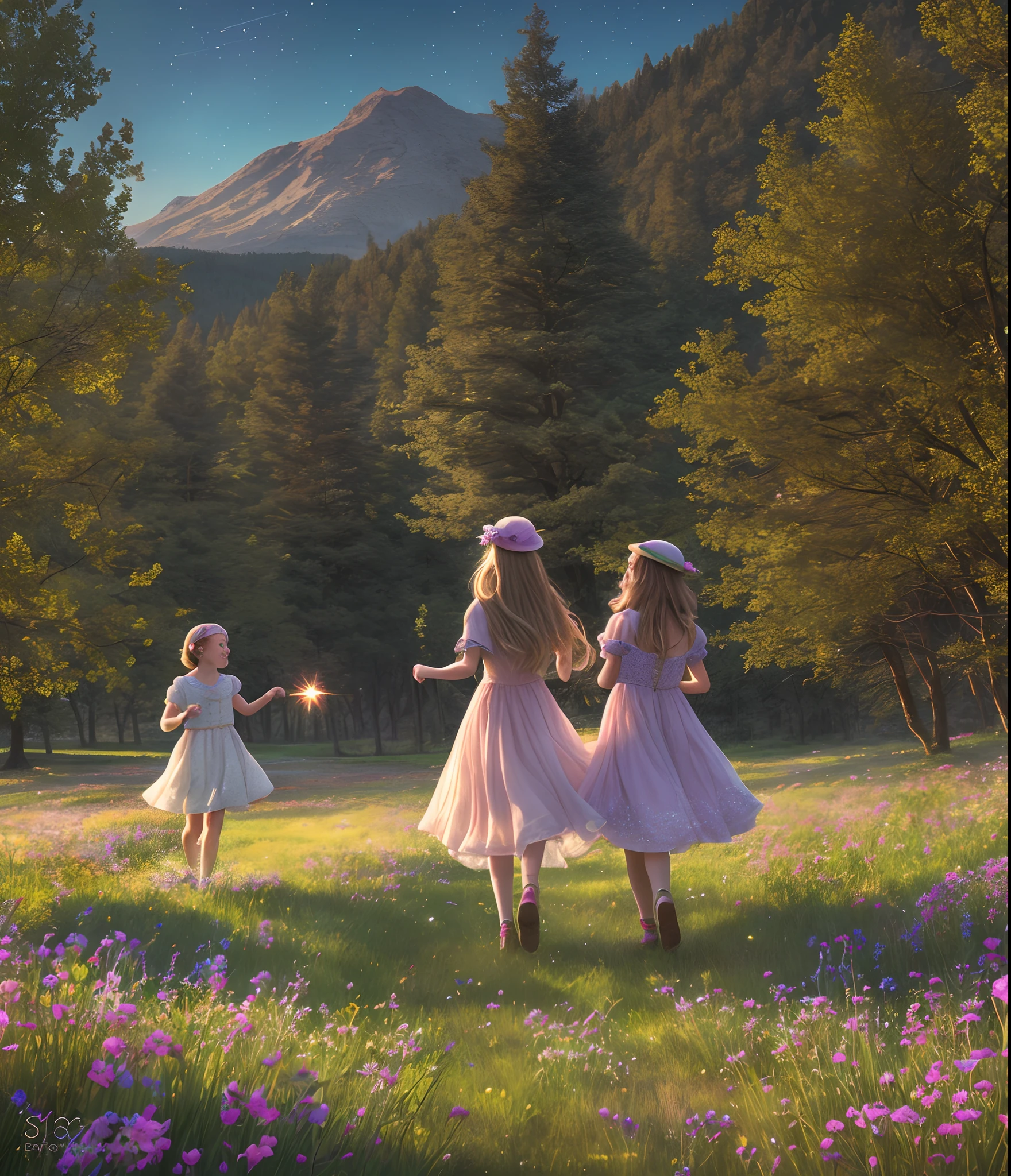 A Photograph capturing the whimsical world of Sparkle and her friends as they frolic in a meadow, sparkling in the soft glow of twilight. --auto --s2