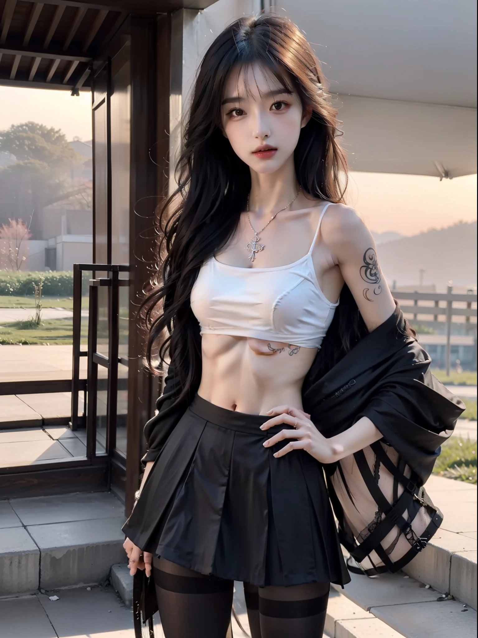 (stand posture，full bodyesbian:1.5)，(1girll:1.3),(anatomy correct:1.4),(School clothing:1.2),(Black silk pantyhose:1.3),(with tattoos:1.2),(wavy and long hair，Accurate and perfect face:1.3),(Slender and slender figure，Skinny，Skinny:1.2),(Smaller bust:1.3),(athletic sneakers:1.1),hyper HD, Ray traching, reflective light，structurally correct, Award-Awarded, High detail, Fade-in and fade-out shadow contrast, Face lighting ，Cinematic lighting, Masterpiece, super detailing, High quality, High detail, Best quality, 16k，High contrast