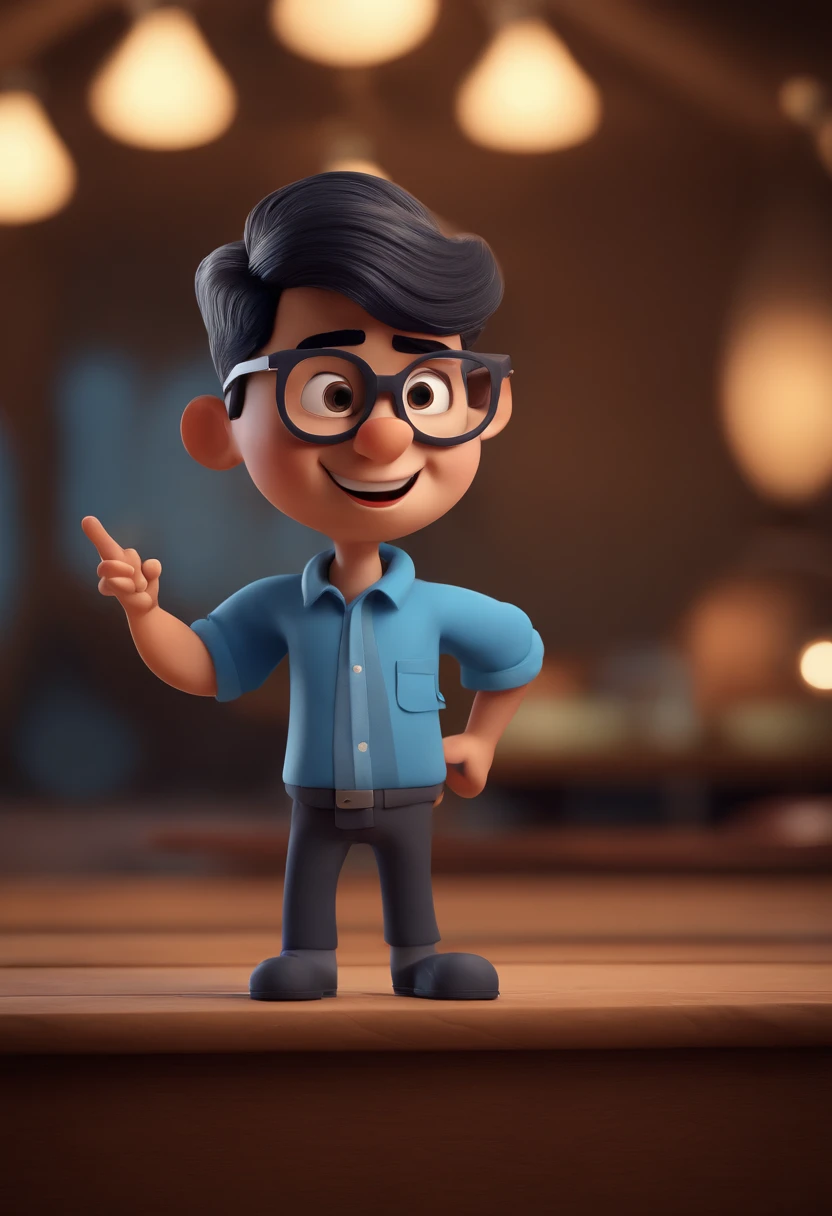Cartoon character of a man with black glasses and a blue shirt, animation character, Caractere estilizado, animation style rendering, 3D estilizado, Arnold Maya render, 3 d render stylized, toon render keyshot, Personagem 3D, Personagem 3D, 3d rendering stylized, 3 d character render, personagem de desenho animado, Personagem de close up, Pose de personagem,  (Estilo Pixar) (master part:1.2) (Bokeh) (best quality) (pele detalhada) (textura detalhada) (8k) (argila) (Cinematic lighting) (foco nítido