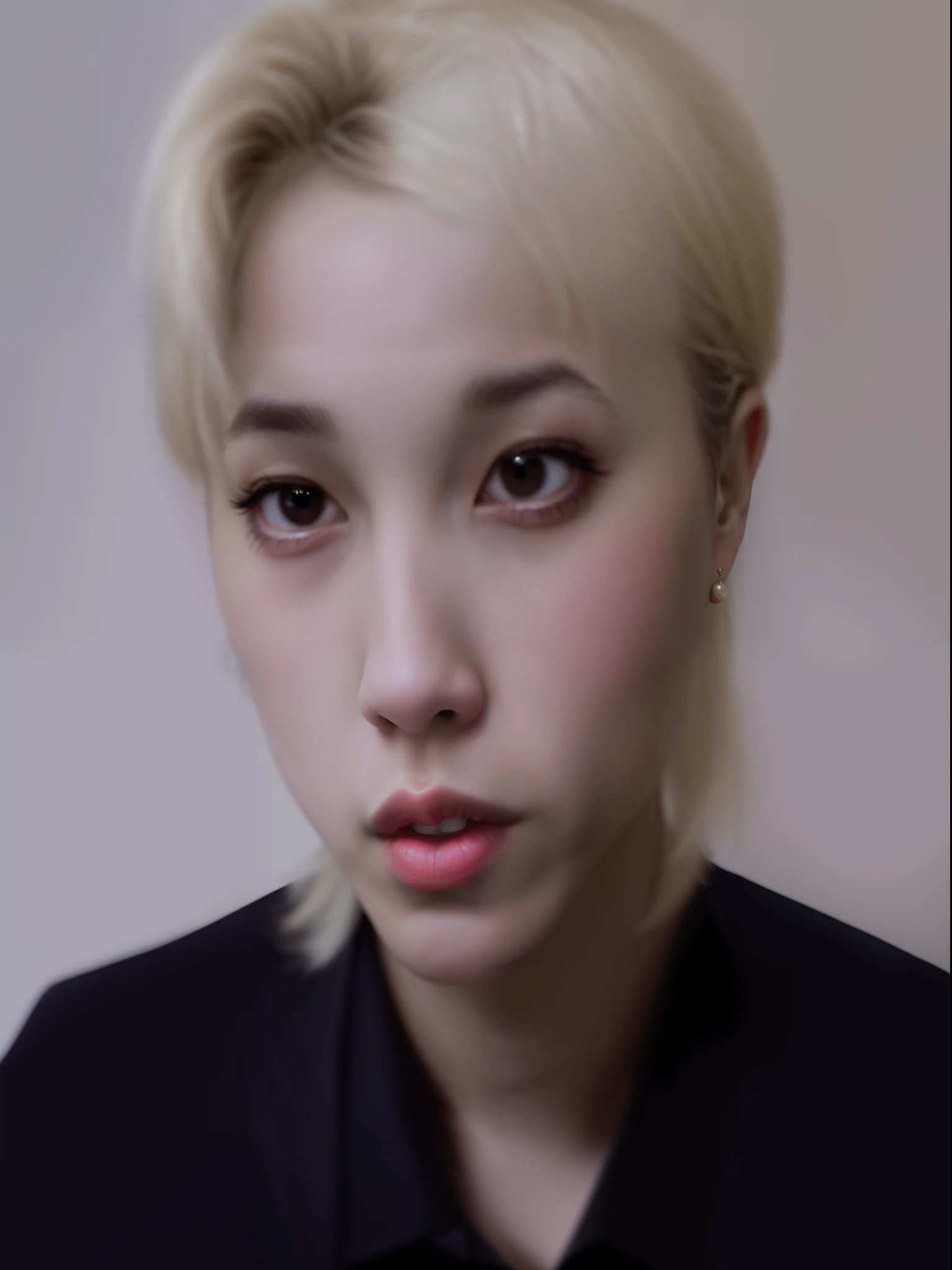 um close up de uma pessoa com uma camisa preta e uma gravata, Jimin\Plump lips, Jimin\'s right eyelid swollen, Rosto Jimin preciso, Jimin\Nariz grego, Parque Jimin, Jimin, wan adorable korean face, androgynous face, he has an elongated head shape, XQC, Beautiful androgynous prince, Kim Doyoung