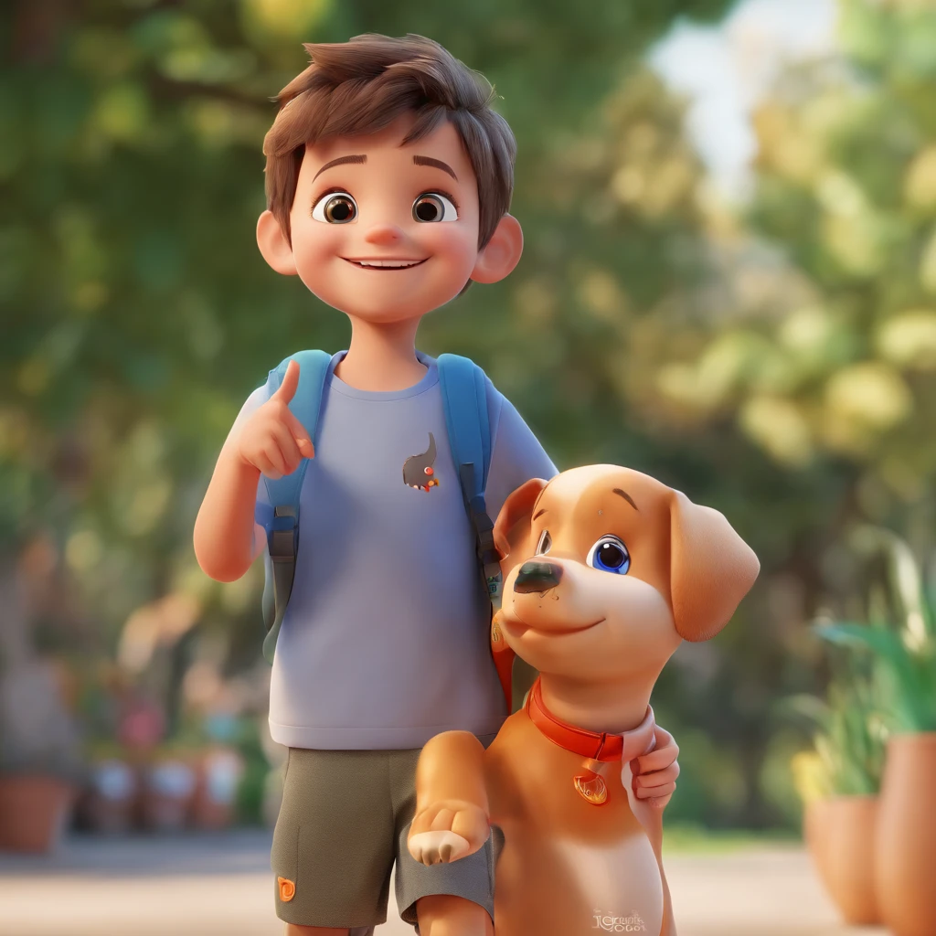 Lucas is a smiling 5-year-old human boy com sarda no rosto, com seu fiel amigo, Bolt, com