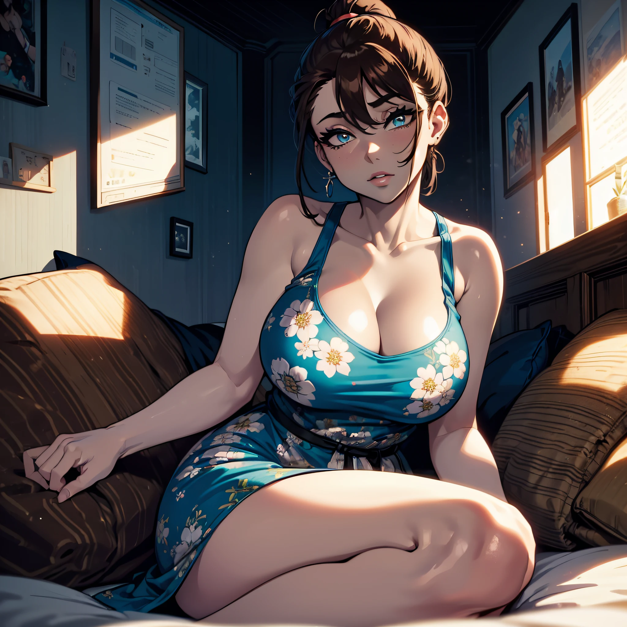 (one female: 1.5) wearing blue floral summer dress, brown long ponytail, beautiful blue eyes, showing cleavage, sitting on bed alone, alone (SOLO: 1.5),(ALONE: 1.5), large chest, curvy, beautiful detailed eyes, perfect hands, perfect body close shot, best quality:1.5, sleeveless, bare shoulders, sexy legs