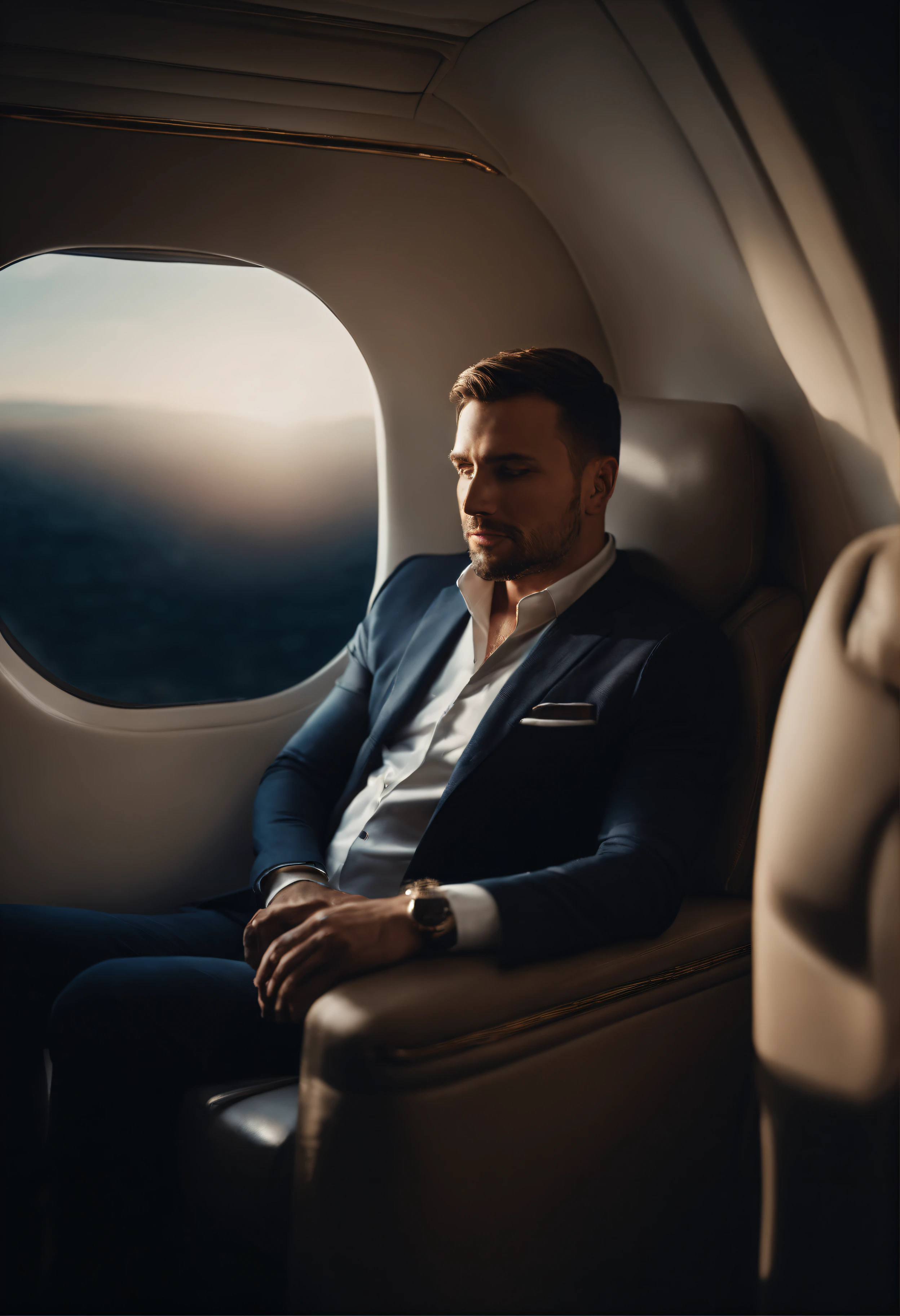realistic man seating in private jet and looking out of window no