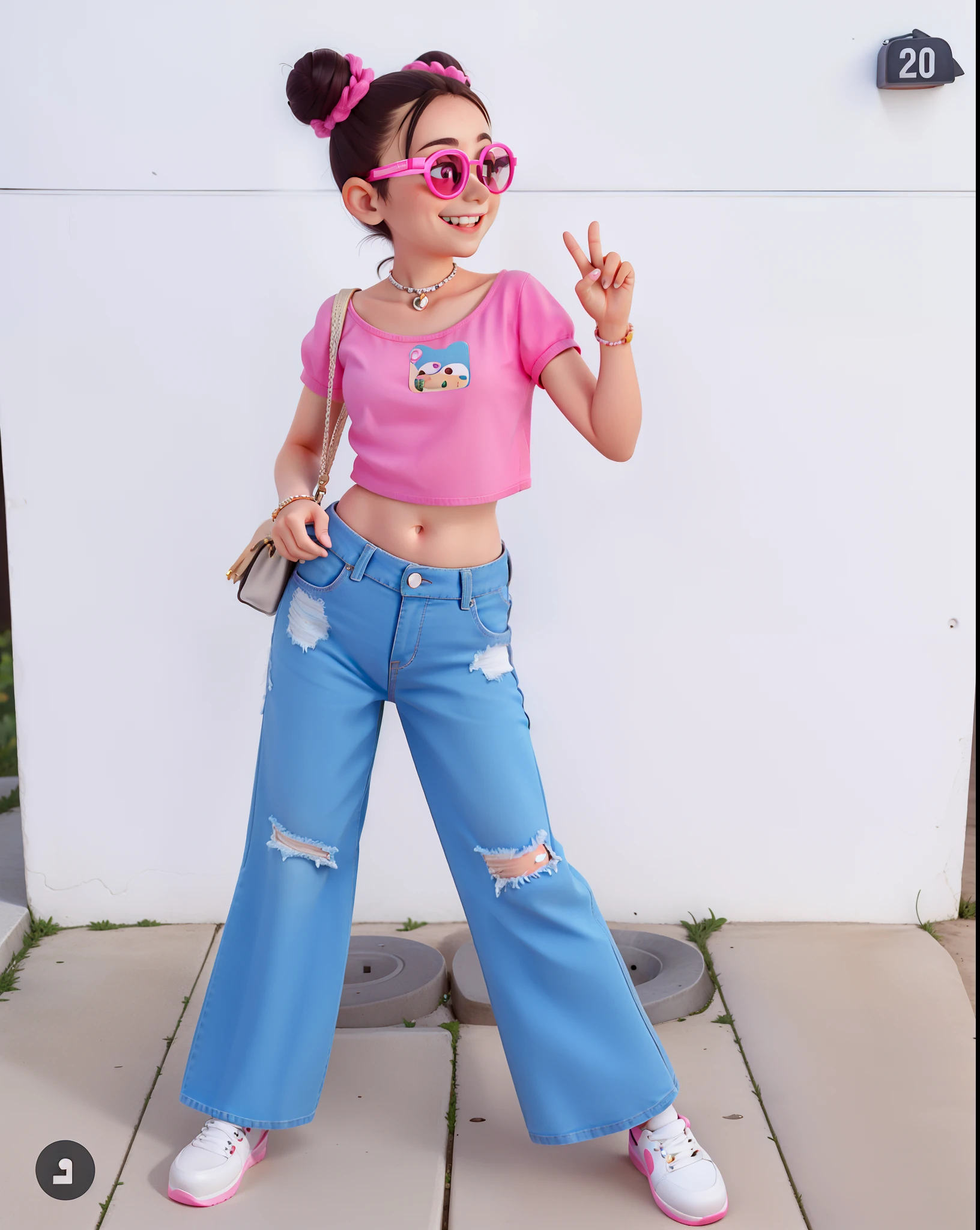A frente de uma parede branca,A 9-year-old girl with very white skin is smiling and looking to the side .She's standing,com as pernas abertas. She is wearing pink crop top and wide-legged jeans with emojis,She wears white sneakers .Ela tem os cabelos cacheados e castanhos, She's wearing two buns and pink,She wears dark lens sunglasses with square pink frames,She holds the glasses in her right hand,Ela usa um pequeno, Round bag on the side of the shoulder and hold the bag in the left hand