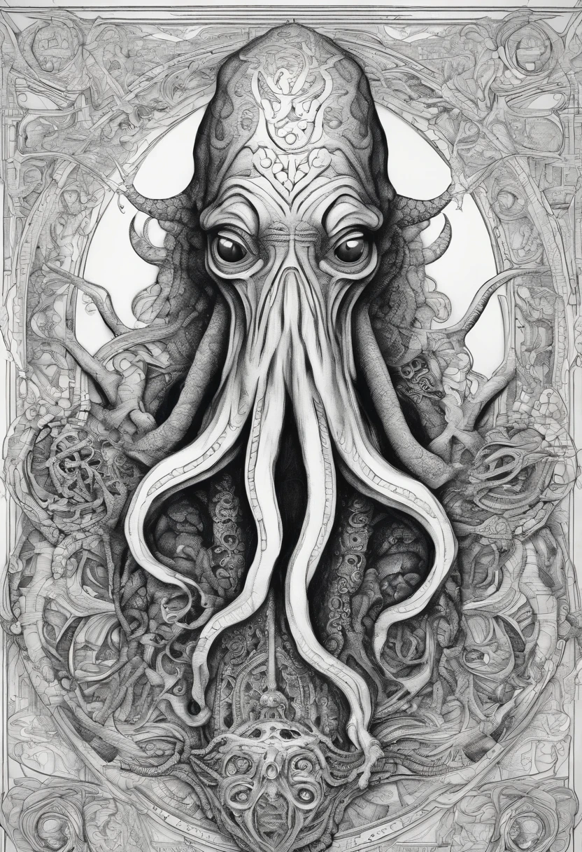 pergaminho velho com gravura, xilogravura, Representing a demon with head tentacles, Pentagramas, Technical markings and medical description with medical records, texto com caracteres estranhos, Mysticism: a sepia photo from the 1920s . texturizado, angustiado, vintage, nervoso, vibe punk, sujo, barulhento