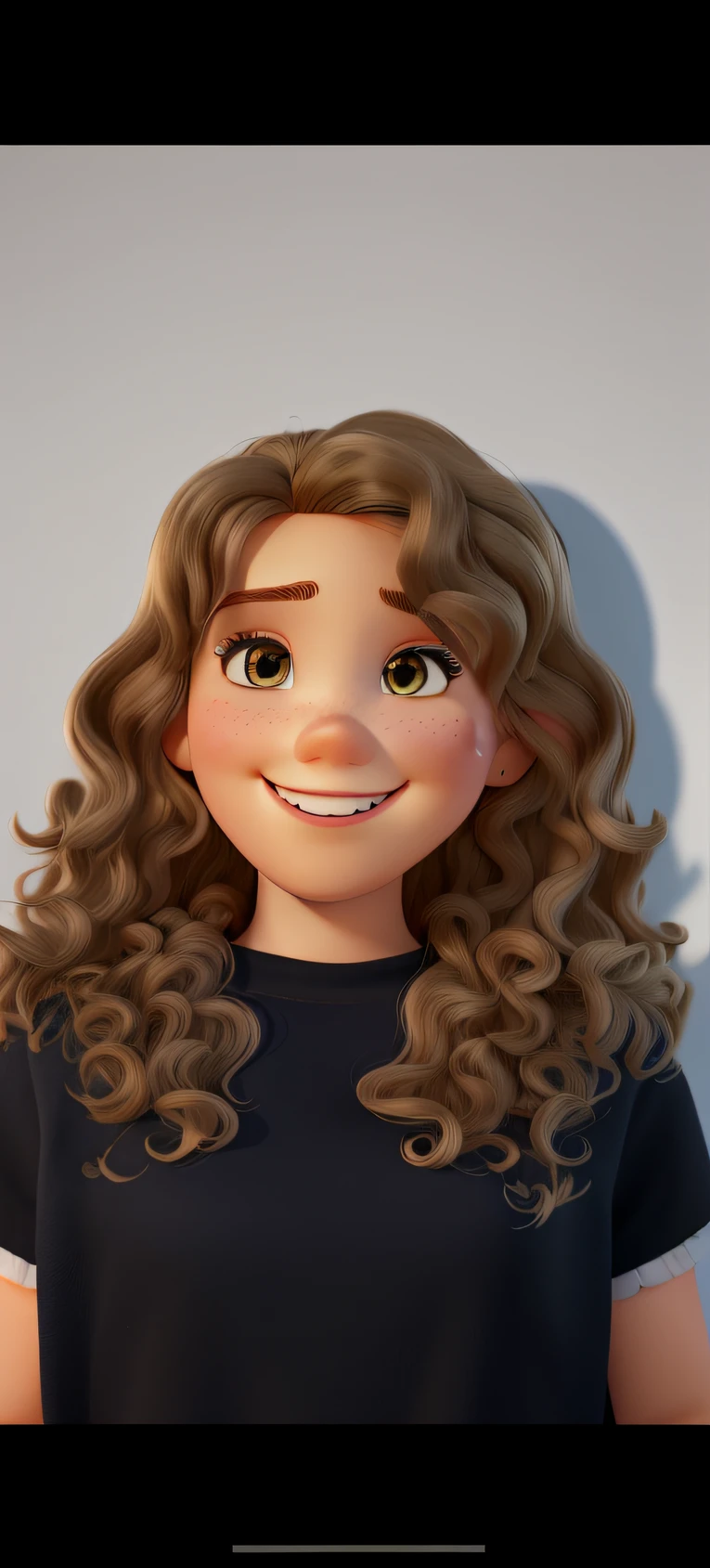 A 23-year-old girl in Disney Pixar style, 3D drawing with curly hair with blonde highlights, slightly slanted dark eyes, a wide smile and a dimple on her cheek, high quality, best quality