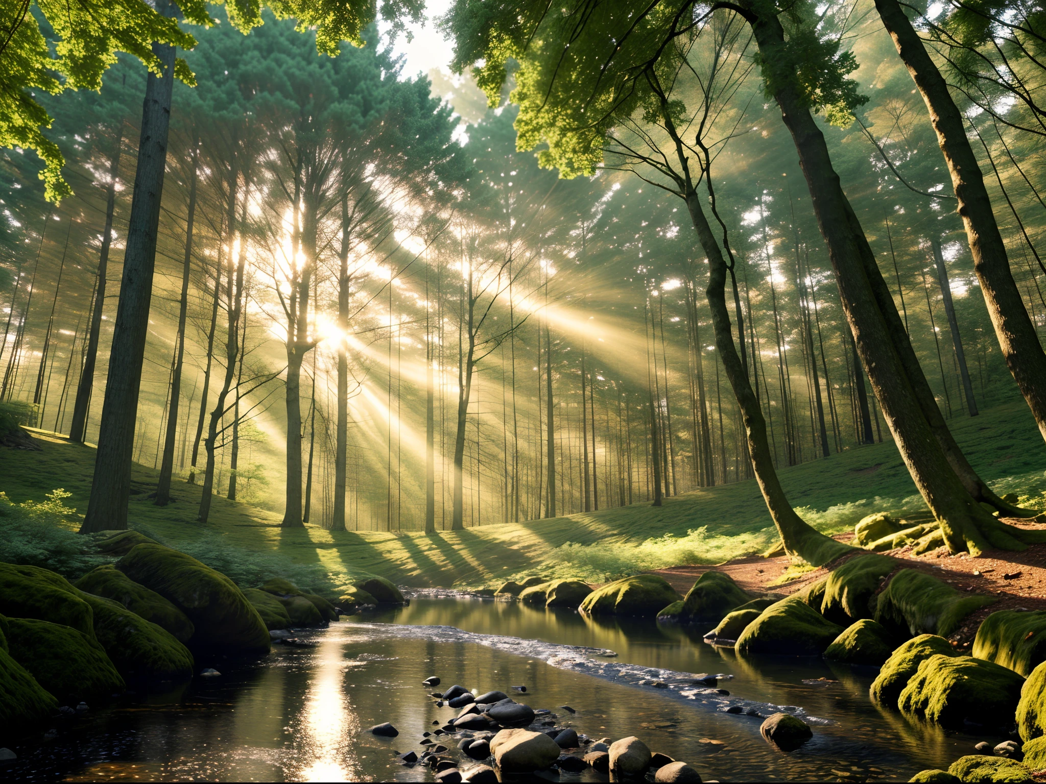 Middle of evergreen forests afternoon time scorching sunlight piercing through the dense canopy cinematic photorealistic ultra hd 8k quality narrow and shallow water stream flowing through tyndall effect hyper realistic masterpiece highly detailed calming effect