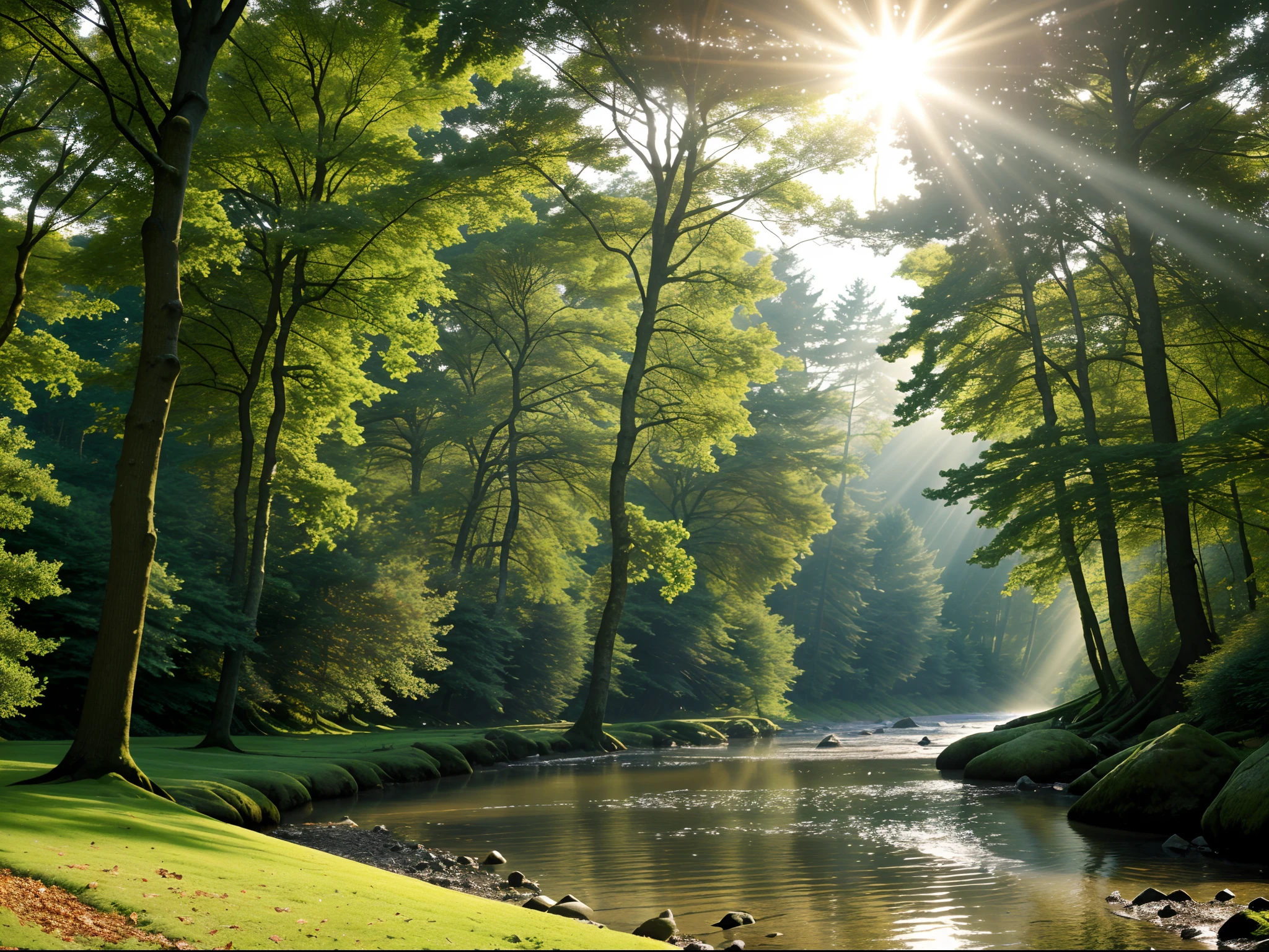Middle of evergreen forests afternoon time scorching sunlight piercing through the dense canopy cinematic photorealistic ultra hd 8k quality narrow and shallow water stream flowing through tyndall effect hyper realistic masterpiece highly detailed calming effect