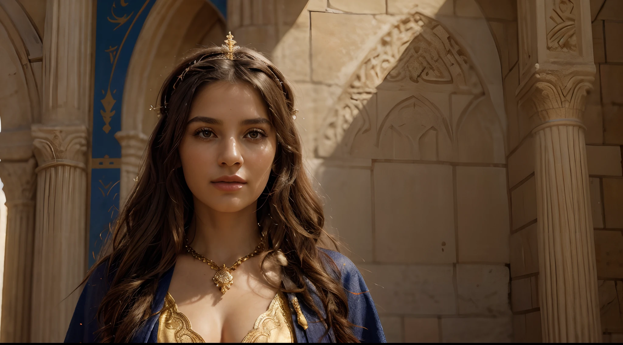 (best quality,4k,8k,highres,masterpiece:1.2),ultra-detailed,(realistic,photorealistic,photo-realistic:1.37),detailed eyes and face,long eyelashes,wavy hair,beautiful skin tone,confident,graceful,serene,evocative,profound painting,soft paint strokes,rich color palette,vibrant reds and blues,A woman in biblical clothing,35 years old,Biblical robe,ornate headpiece,golden jewelry,wise and charismatic expression,proud and dignified posture,sunlit scene with rays of light,Palestinian backdrop,ancient architecture,sacred atmosphere