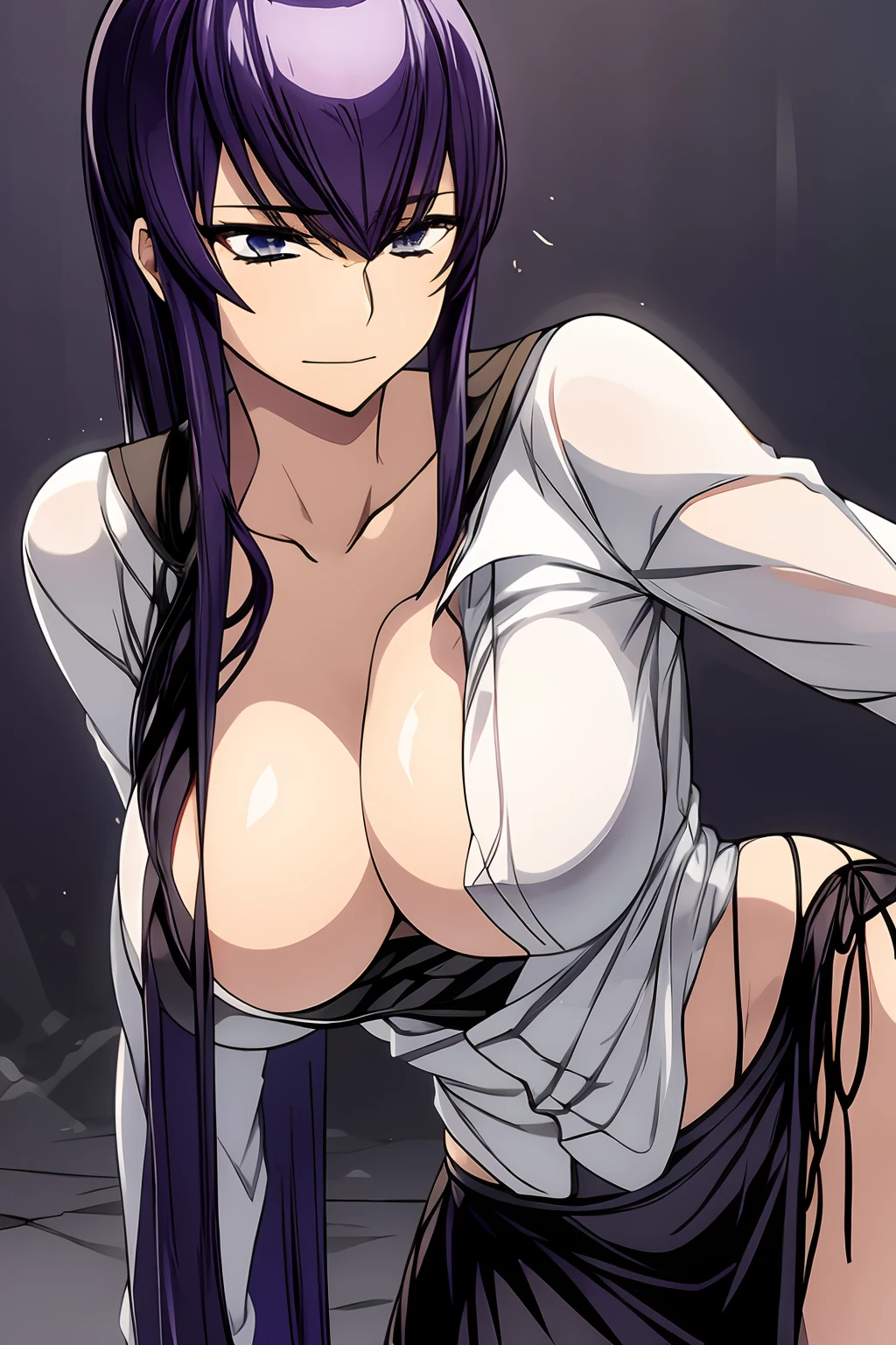 Saeko Busujima, Saeko Busujima cantando, una hermosa mujer sosteniendo un microfono y cantando, mujer cantando, vestimenta negra, ropa negra, blusa negra, camisa negra, con estampado del logo de Linkin Park, pantalon negro, tacones negros de cuero, Linkin Park, fondo azul, sobre un escenario, luces azules