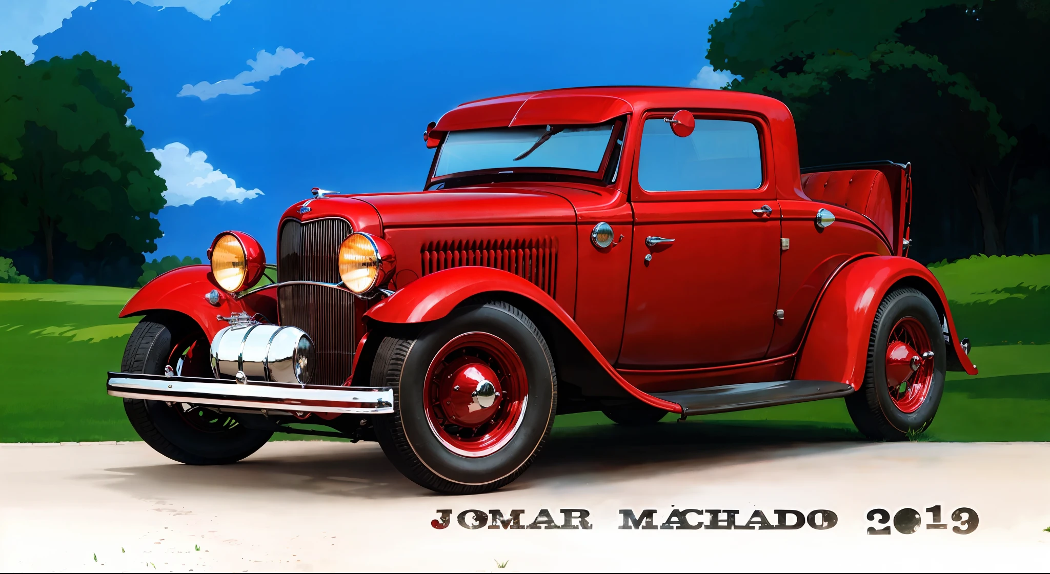 Beautiful red 1932 Ford car in front of a lawn surrounded by greenery and a blue sky in the background