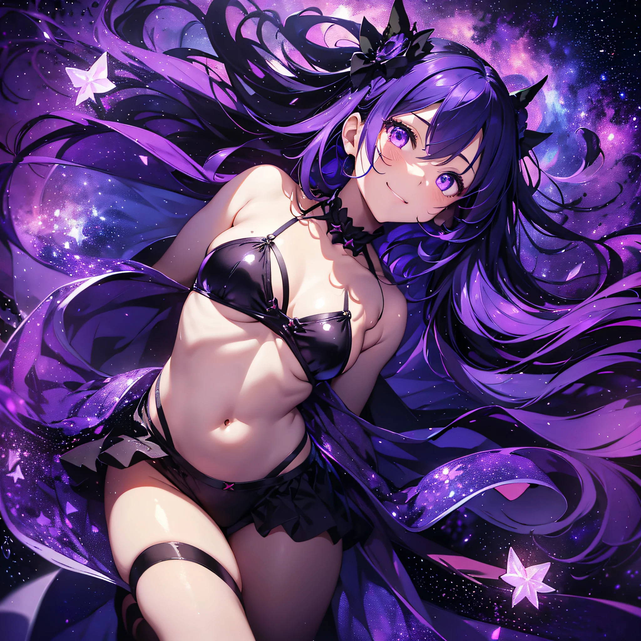 film photography, 1girl in , Sexy , (((Whole body ))) , Dynamic Pose Characters: Halloween、Lantern Ghost Many Appearances Style: Enjoy Halloween with a transcendent smile Extraordinary features: Channeling the Universe to Inspire Dreamers Action: Lying on a blanket under the stars, Summon Zodiac Signs Hair: Flowing hair adorned with accessories like twinkling stars Hair color: Purple eyes in the night sky with shimmering purple stripes: A deep, sparkling purple that contains the mystery of the universe、One eye closed clothing: Small devil, Black Devil、Beautiful wings of purple color、Less exposed background: A vast field with a canvas of twinkling stars overhead, medium breasts, Full body, (Realistic detailed eyes, Natural Skin Texture, Realistic face details), hyper realisitic
