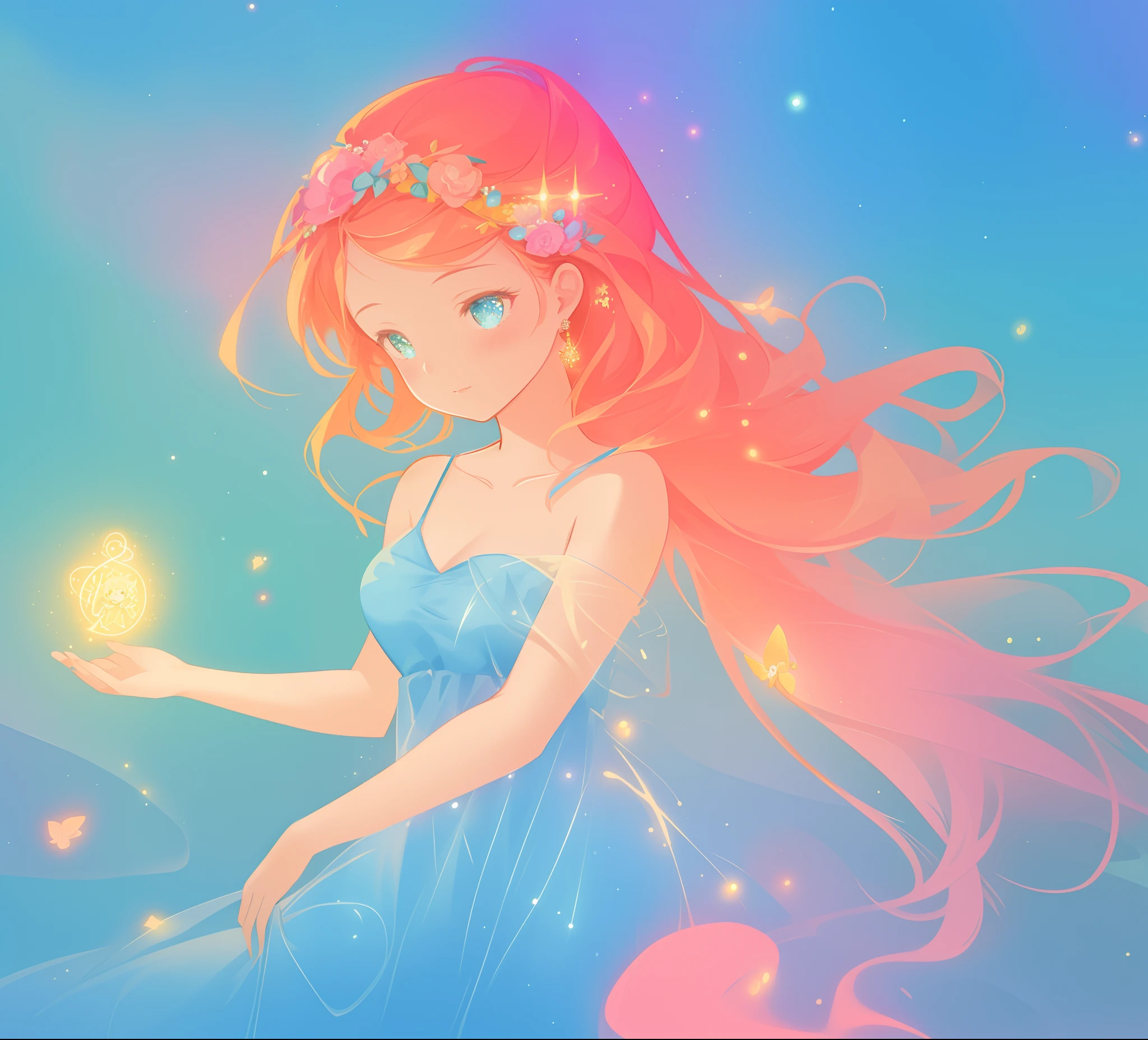 beautiful girl in blue flowing dress, ((beautiful girl holding a glowing golden fairy in her hand)), looking at the pixie in her hand, vibrant pastel colors, (colorful), magical lights, sparkling lines of light, inspired by Glen Keane, inspired by Lois van Baarle, disney art style, by Lois van Baarle, glowing aura around her, by Glen Keane, jen bartel, glowing lights! digital painting, flowing glowing hair, glowing flowing hair, beautiful digital illustration, fantasia background, whimsical, magical, fantasy, beautiful face, ((masterpiece, best quality)), intricate details, highly detailed, sharp focus, 8k resolution, sparkling detailed eyes, liquid watercolor