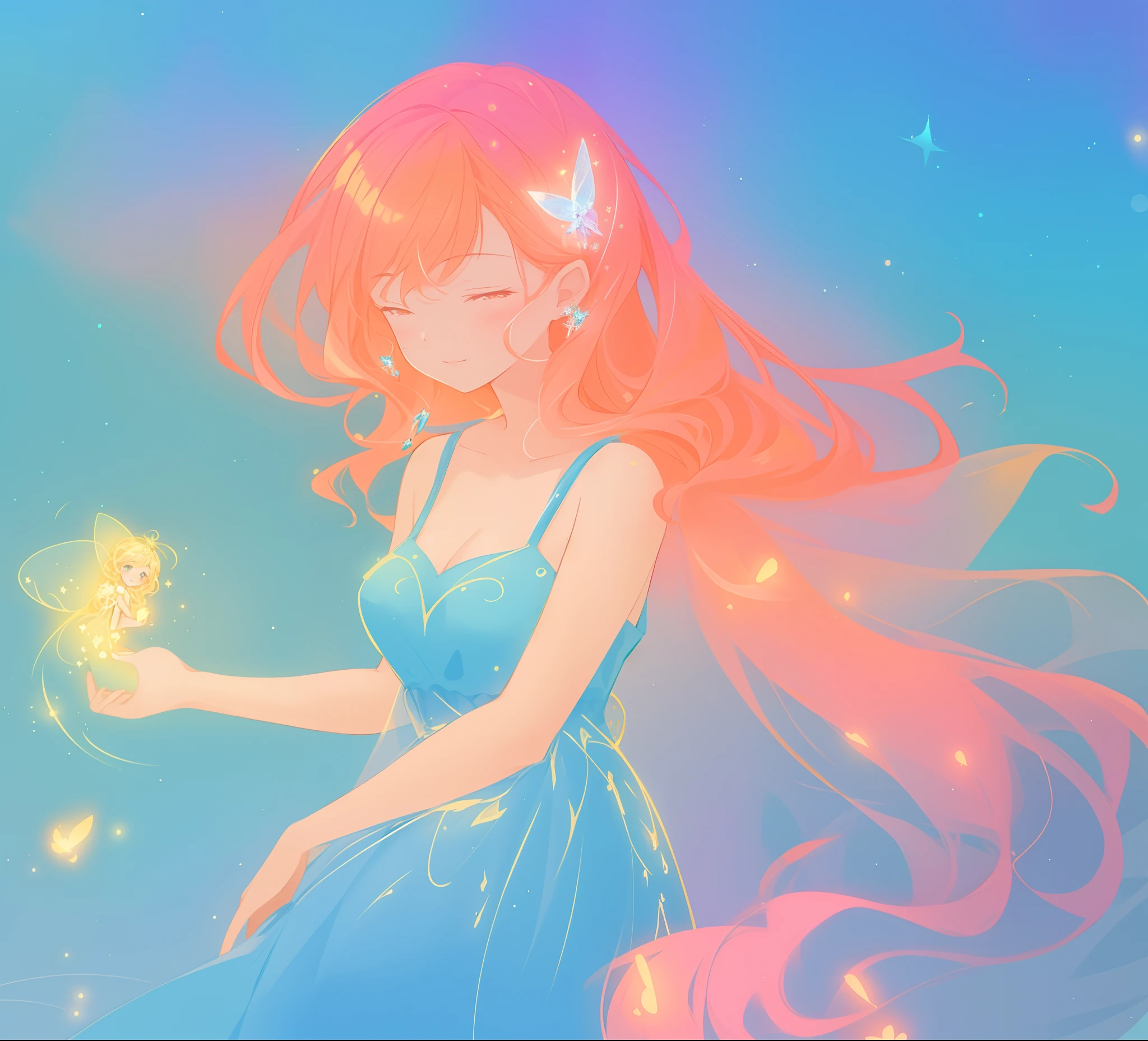 beautiful girl in blue flowing dress, ((beautiful girl holding a glowing golden fairy in her hand)), looking at the pixie in her hand, vibrant pastel colors, (colorful), magical lights, sparkling lines of light, inspired by Glen Keane, inspired by Lois van Baarle, disney art style, by Lois van Baarle, glowing aura around her, by Glen Keane, jen bartel, glowing lights! digital painting, flowing glowing hair, glowing flowing hair, beautiful digital illustration, fantasia background, whimsical, magical, fantasy, beautiful face, ((masterpiece, best quality)), intricate details, highly detailed, sharp focus, 8k resolution, sparkling detailed eyes, liquid watercolor