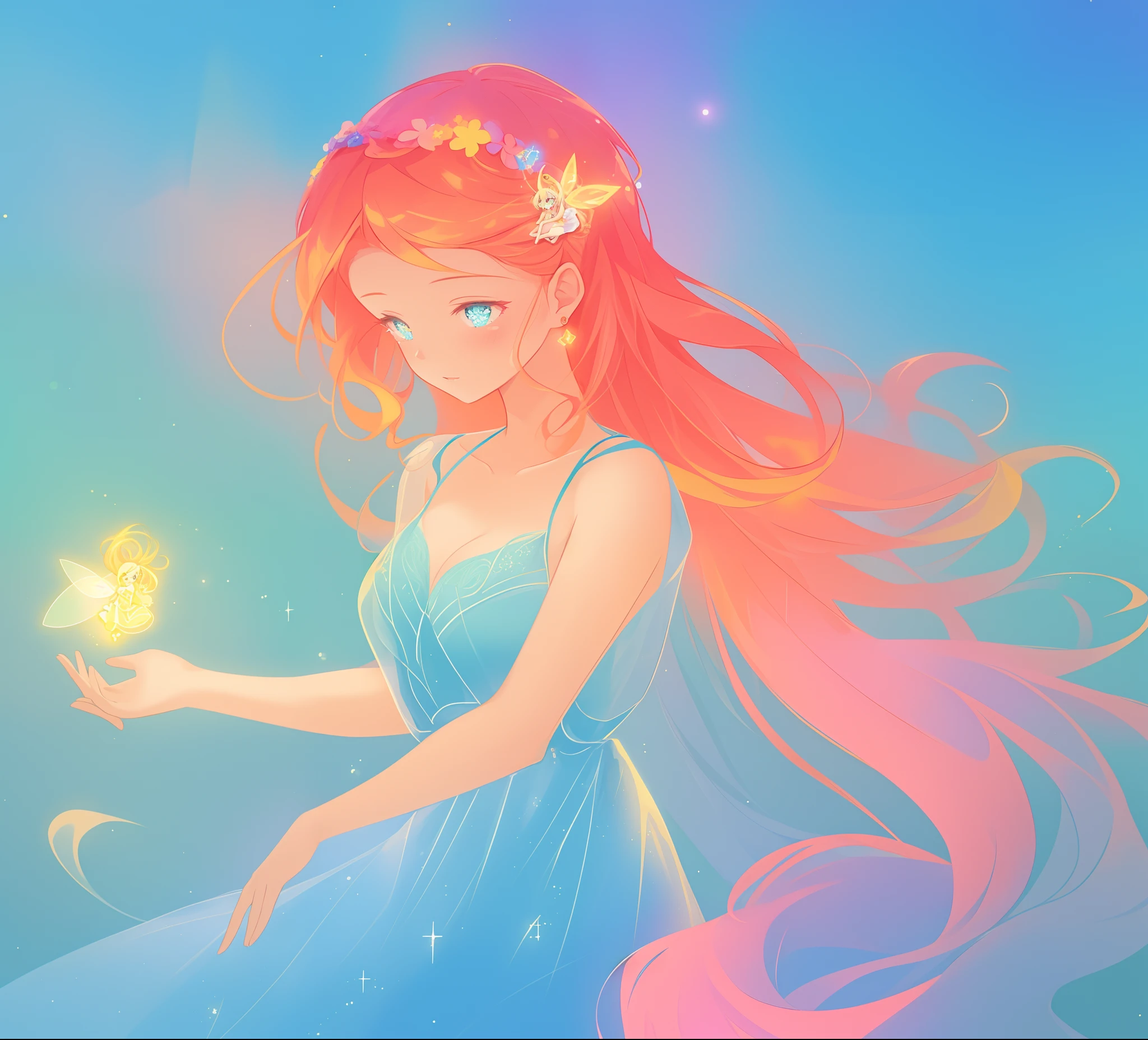 beautiful girl in blue flowing dress, ((beautiful girl holding a glowing golden fairy in her hand)), looking at the pixie in her hand, vibrant pastel colors, (colorful), magical lights, sparkling lines of light, inspired by Glen Keane, inspired by Lois van Baarle, disney art style, by Lois van Baarle, glowing aura around her, by Glen Keane, jen bartel, glowing lights! digital painting, flowing glowing hair, glowing flowing hair, beautiful digital illustration, fantasia background, whimsical, magical, fantasy, beautiful face, ((masterpiece, best quality)), intricate details, highly detailed, sharp focus, 8k resolution, sparkling detailed eyes, liquid watercolor