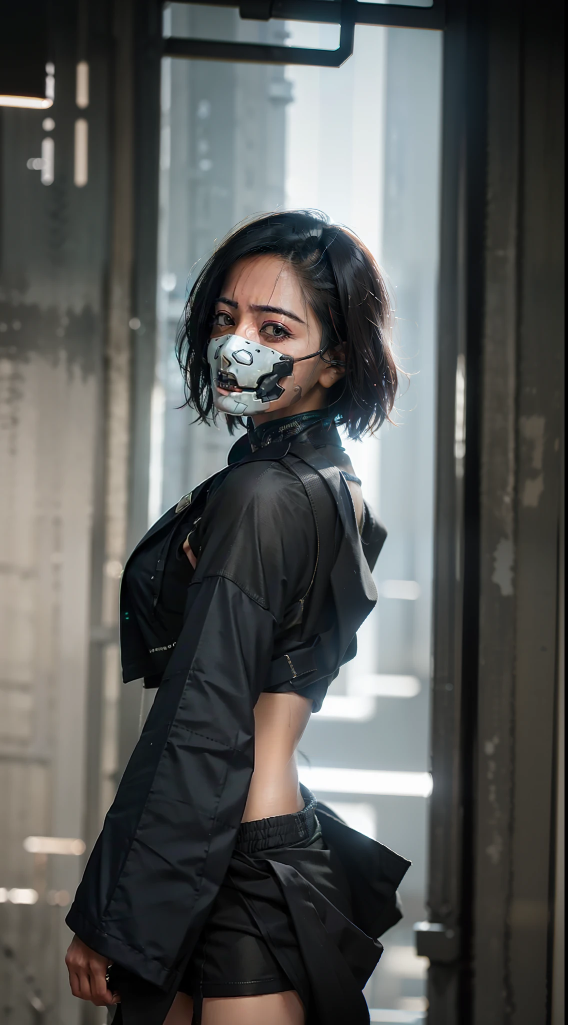 Saree, (photorealistic:1.4), (best quality:1.0), (ultra highres:1.0), 8k, RAW photo, (masterpiece:0.2)
Cybernetic_Jawless, mask, 1girl, asian girl, jacket, short hair,
cyberpunk street background,