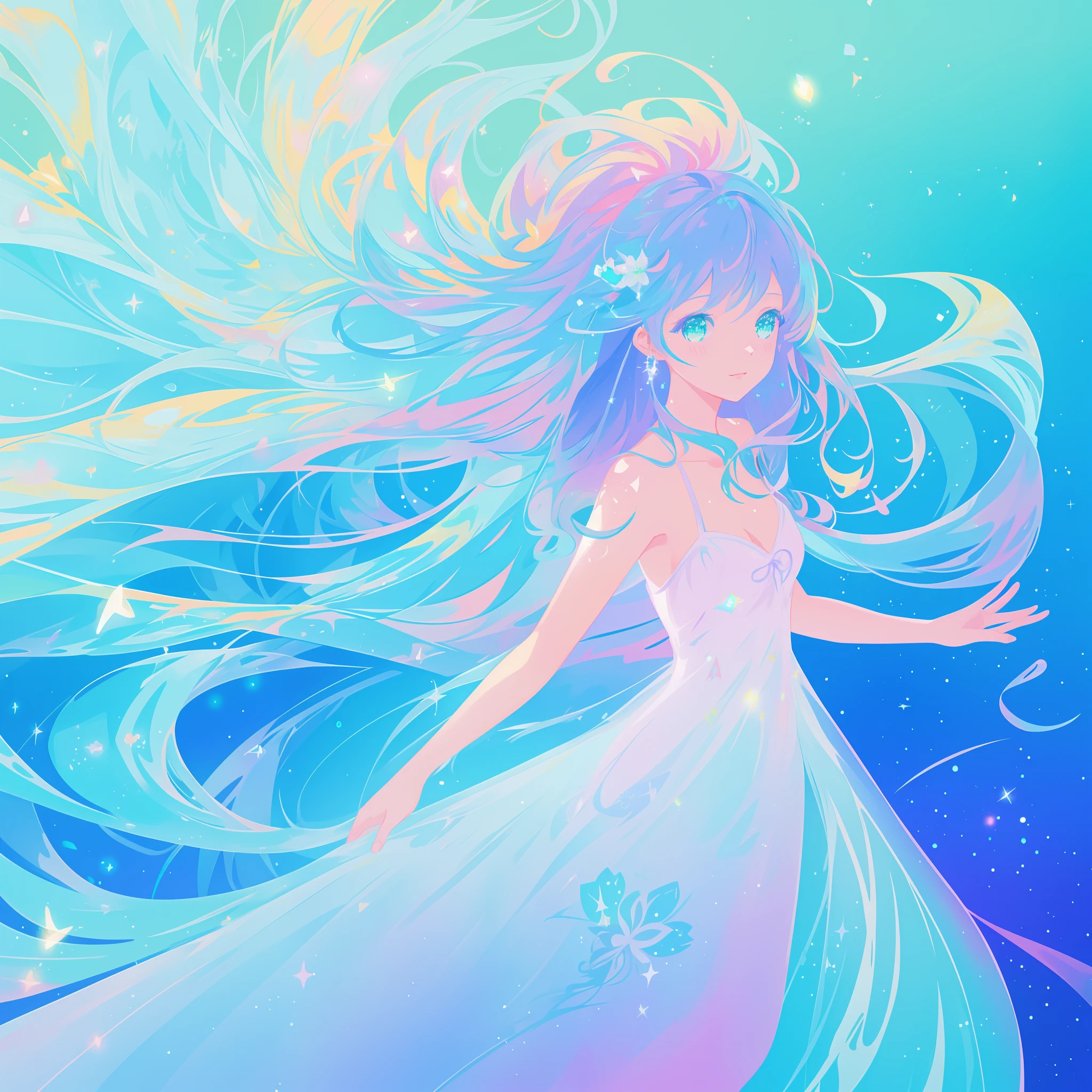 beautiful anime girl in colorful liquid dress, ((sparkling)), aqua mint blue and purple colors, vibrant pastel colors, (colorful), magical lights, sparkling lines of light, inspired by Glen Keane, inspired by Lois van Baarle, disney art style, by Lois van Baarle, glowing aura around her, by Glen Keane, jen bartel, glowing lights! digital painting, flowing glowing hair, glowing flowing hair, beautiful digital illustration, fantasia background, whimsical, magical, fantasy, beautiful face, ((masterpiece, best quality)), intricate details, highly detailed, sharp focus, 8k resolution, sparkling detailed eyes, liquid watercolor