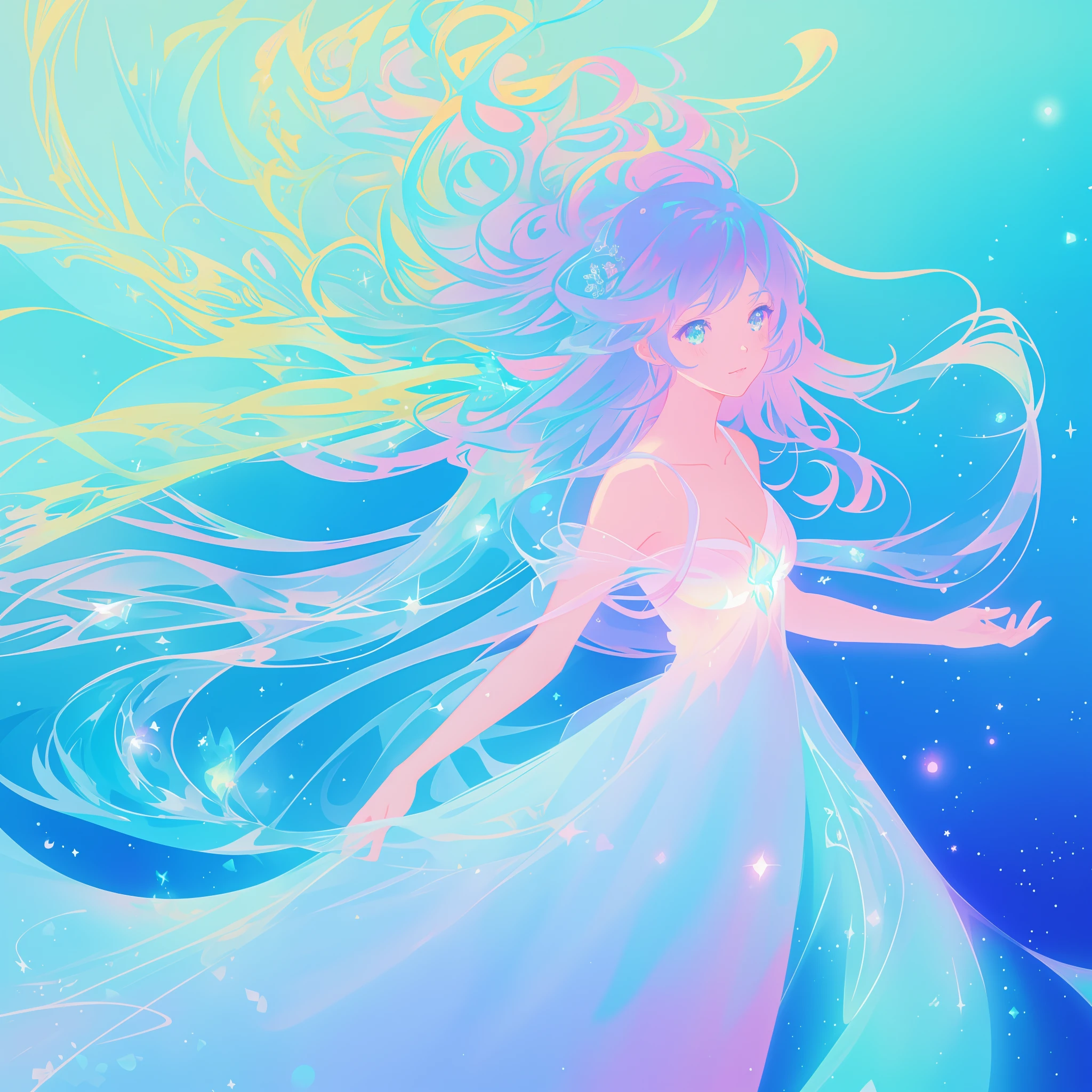 beautiful anime girl in colorful liquid dress, ((sparkling)), aqua mint blue and purple colors, vibrant pastel colors, (colorful), magical lights, sparkling lines of light, inspired by Glen Keane, inspired by Lois van Baarle, disney art style, by Lois van Baarle, glowing aura around her, by Glen Keane, jen bartel, glowing lights! digital painting, flowing glowing hair, glowing flowing hair, beautiful digital illustration, fantasia background, whimsical, magical, fantasy, beautiful face, ((masterpiece, best quality)), intricate details, highly detailed, sharp focus, 8k resolution, sparkling detailed eyes, liquid watercolor