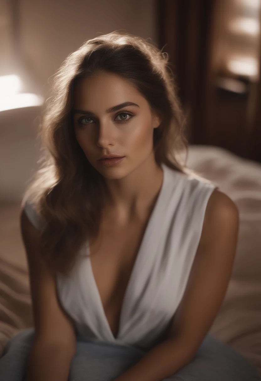 arafed woman fully ,  with brown eyes, ultra realistic, meticulously detailed, portrait sophie mudd, brown hair and large eyes, selfie of a young woman, bedroom eyes, violet myers, without makeup, natural makeup, looking directly at the camera, face with artgram, subtle makeup, stunning full body shot kneeling on the floor, in bedroom, large size bust