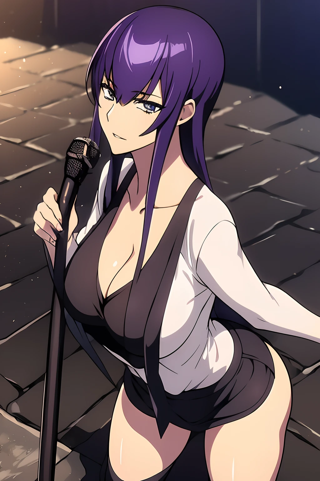 Saeko Busujima, Saeko Busujima cantando, una hermosa mujer sosteniendo un microfono y cantando, mujer cantando, vestimenta negra, ropa negra, blusa negra, camisa negra, con estampado del logo de Linkin Park, pantalon negro, tacones negros de cuero, Linkin Park, fondo azul, sobre un escenario, luces azules