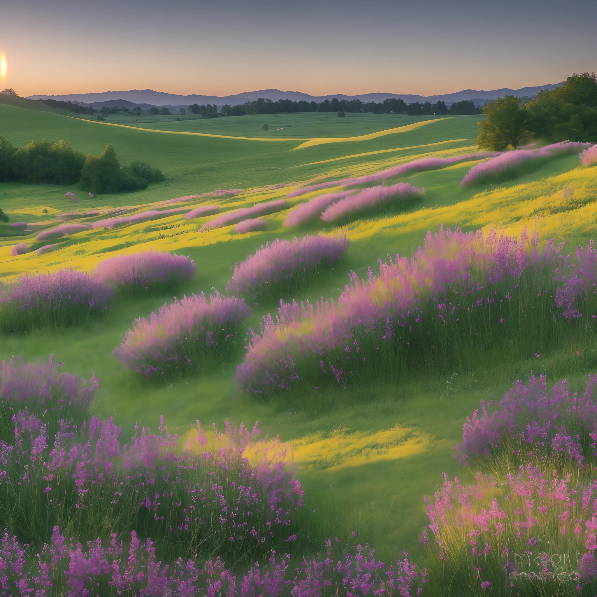 A Photograph of a serene meadow at dusk, where gentle breezes caress wildflowers and golden light bathes the untouched landscape in a warm embrace. --auto --s2