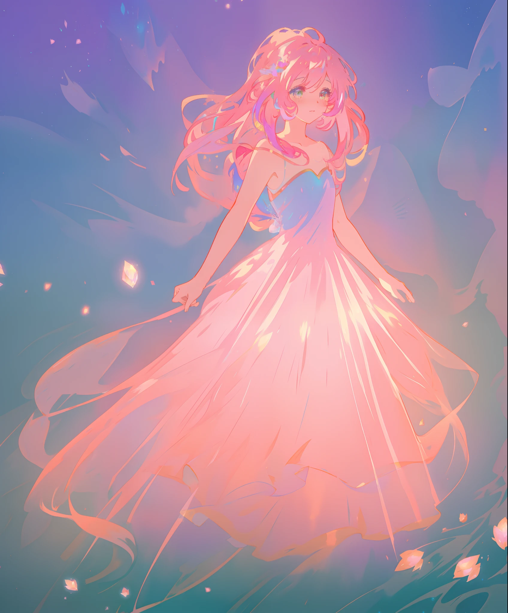 beautiful anime girl, ((puffy shimmering multi-layered ballgown)), vibrant pastel colors, (colorful), long flowing hair, magical lights, sparkling magical liquid, whimsical, magical, fantasy, ((masterpiece, best quality)), intricate details, highly detailed, sharp focus, 8k resolution, sparkling detailed eyes, liquid watercolor