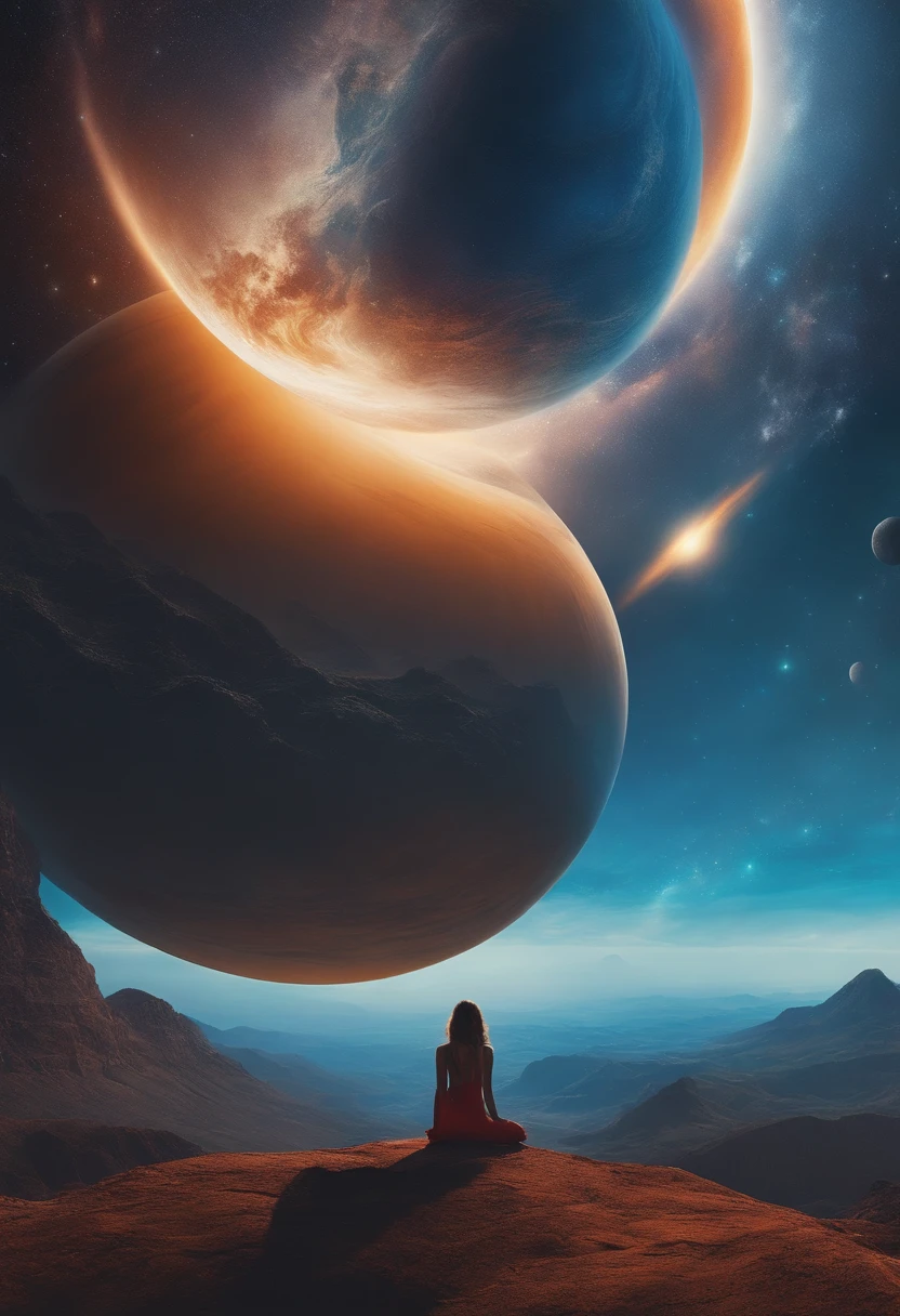 There is a woman in front of a painting of a planet, cidade futurista no fundo, arte psytrance, formas de vida humanas interconectadas, Panoramic view of the girl, progressive rock album cover, Sonho do infinito, poeira estelar, galaxy, Rocha Stoner --AR 16:9 --V 5.1