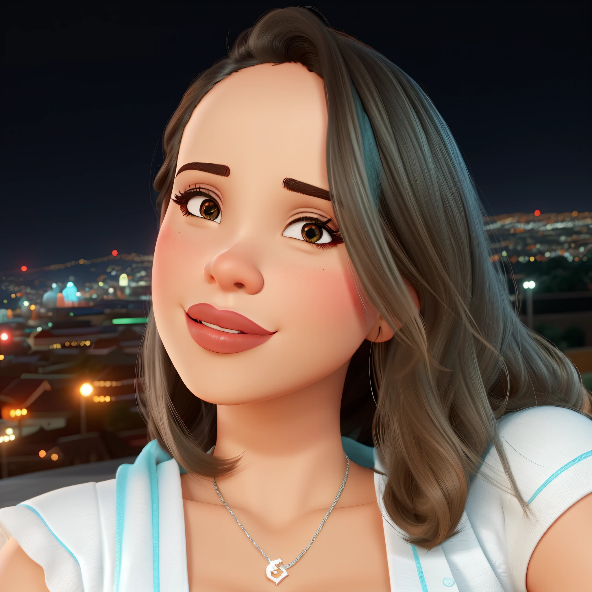 mulher bonita de batom vermelho e boca fechada estilo disney pixar, City background at night behind photo