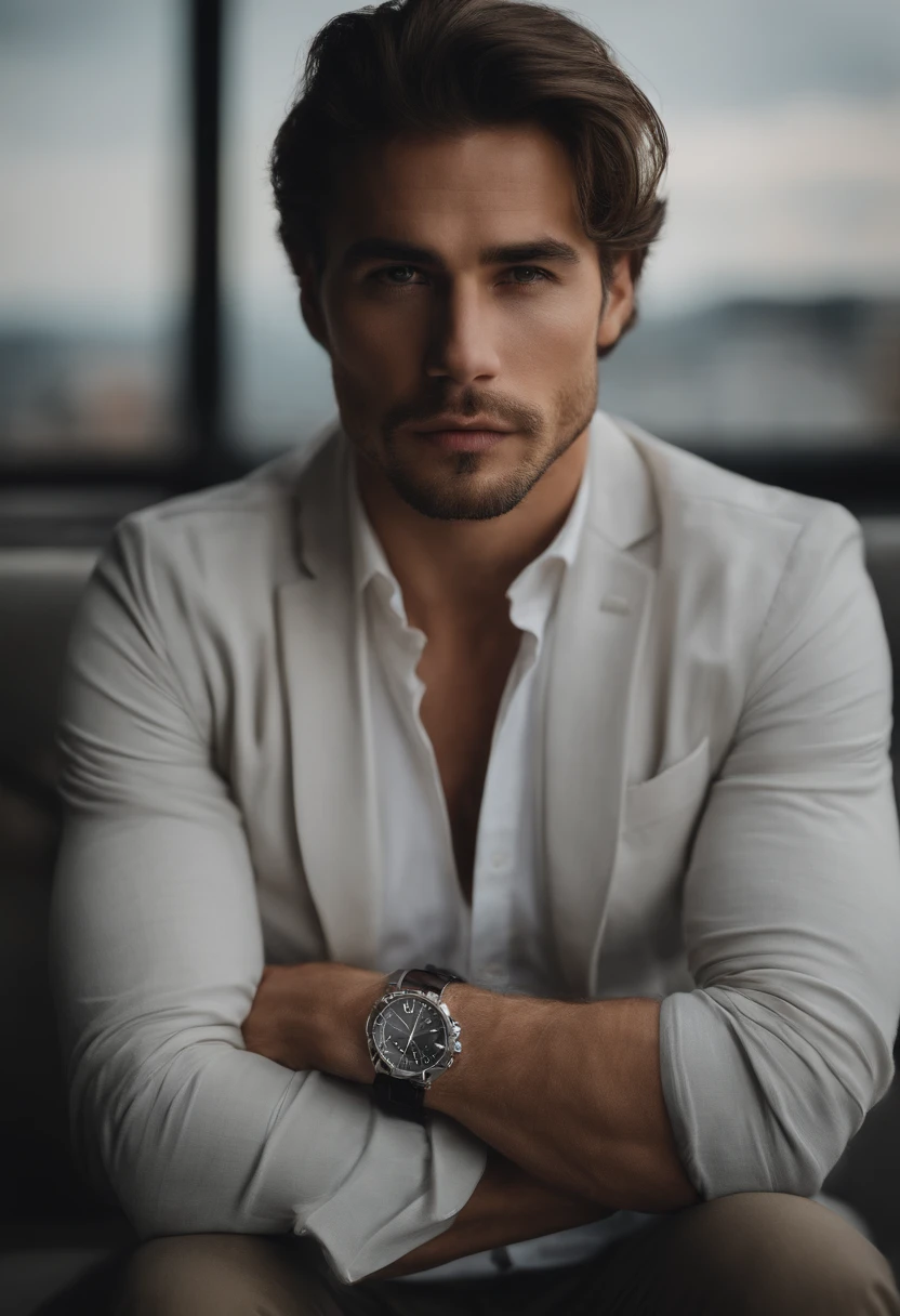 Portrait of handsome man 30 years old round face cinematic appearance
