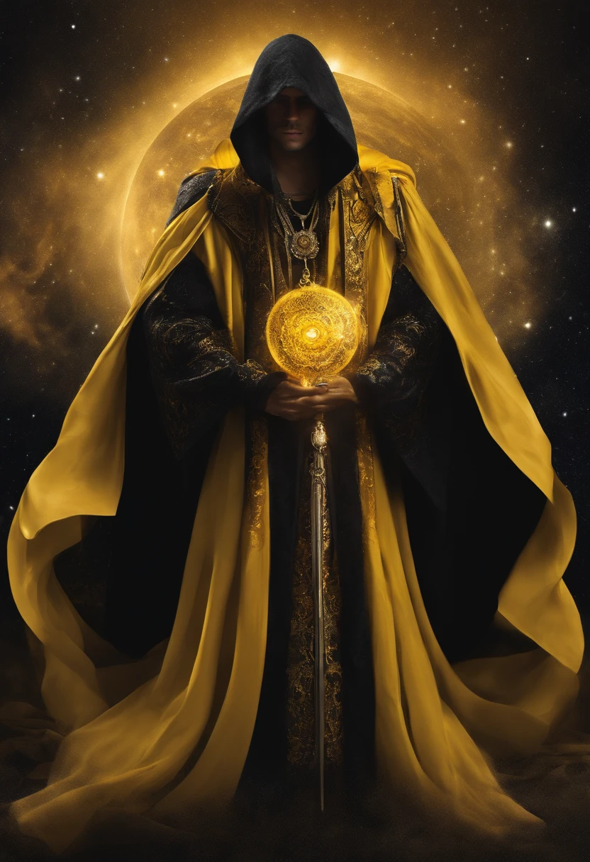 un hombre, mago, pelo largo amarillo, DarkFantasy, Detailed yellow and black cosmic robe, Cosmic staff