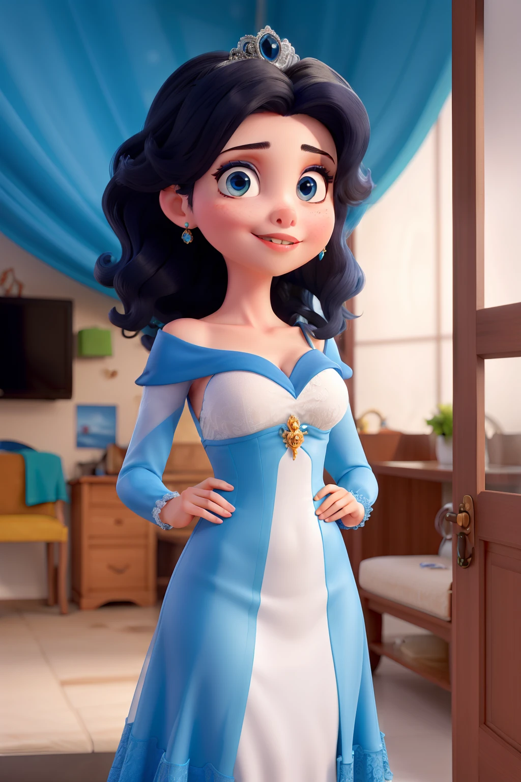 Mulher sexy, poder de gelo,eyes blue , hair black, vestido de princesa azul, confusa no quarto