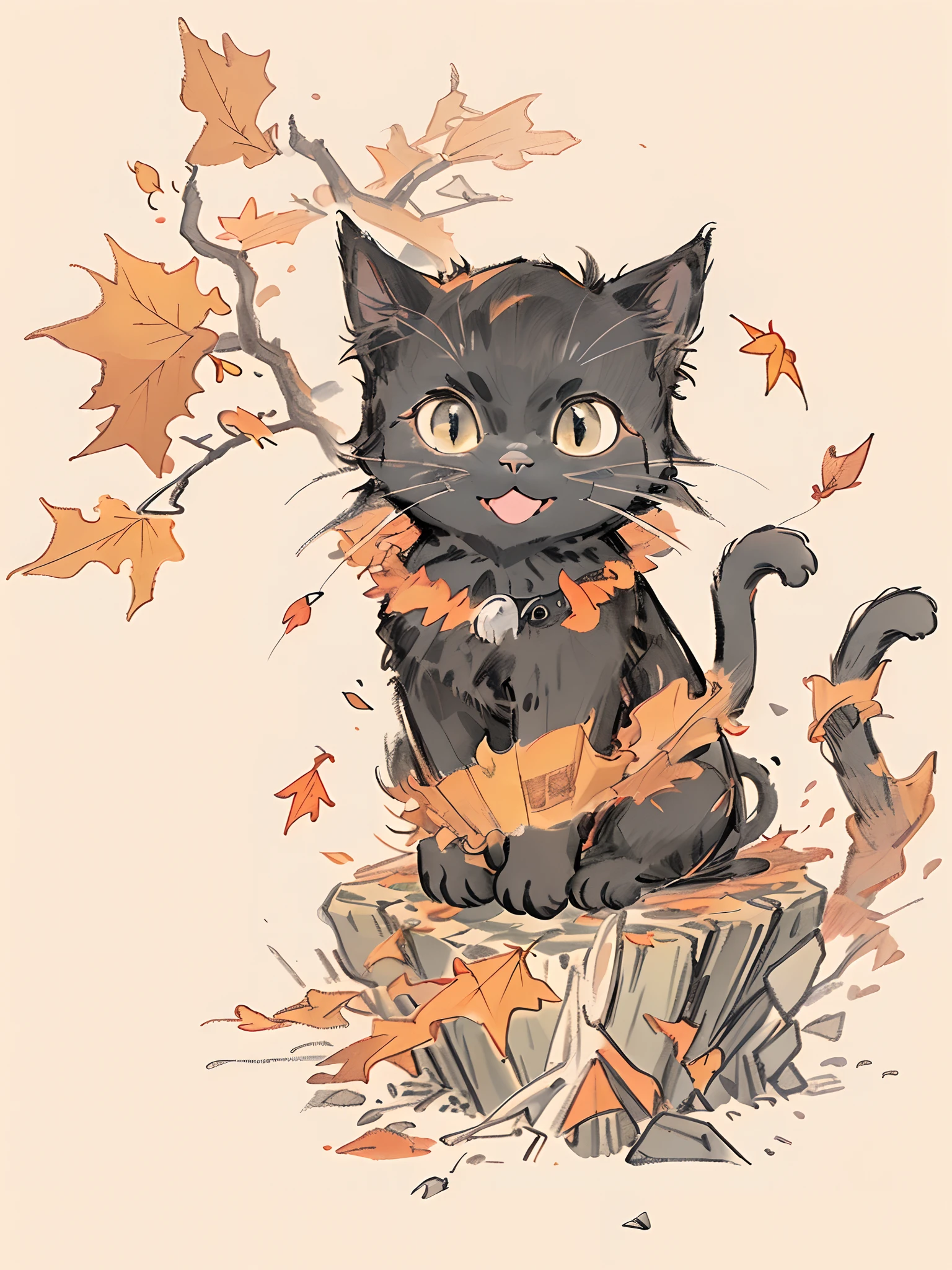 Black Cat, Orange, Cute, Big Eyes, Masterpiece, Full Moon, Alley (black cat playing in a pile of autumn leaves. The cat is sitting upright on its hind legs, with its front paws raised off the ground. It is looking to the right and has its mouth open in a playful expression)