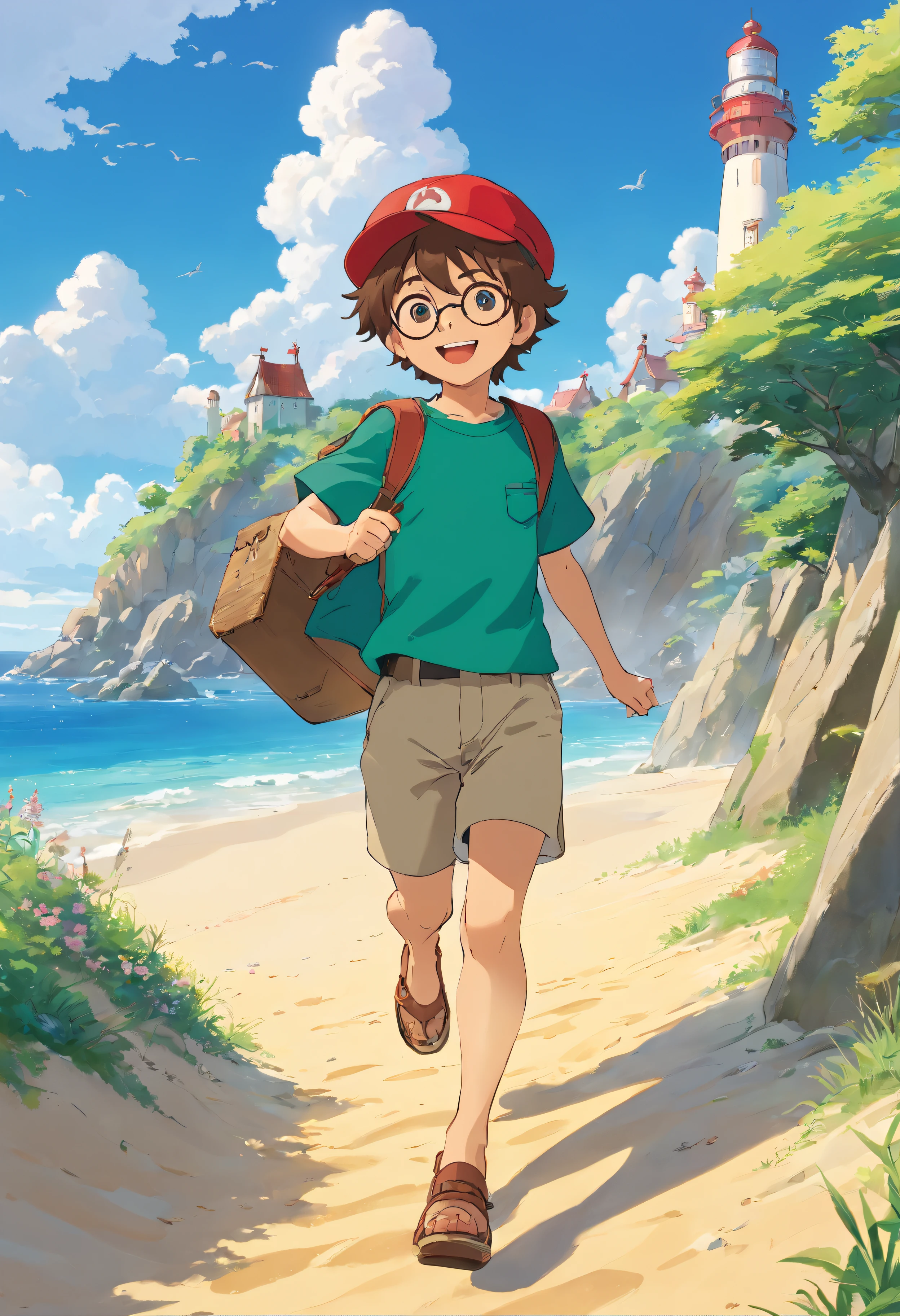 01 boy with brown hair and a red cap; smiling; holding a treasure map.
01 boy with spiky hair; wearing a green t-shirt; holding a treasure chest; is jumping excitedly.
01 girl with curly hair; wearing glasses; wearing a colorful skirt; is holding binoculars; pointing to a majestic lighthouse in the background.
In the background environment, there is a beach; with golden sand; The sea shining; sunny day; a clear blue sky.