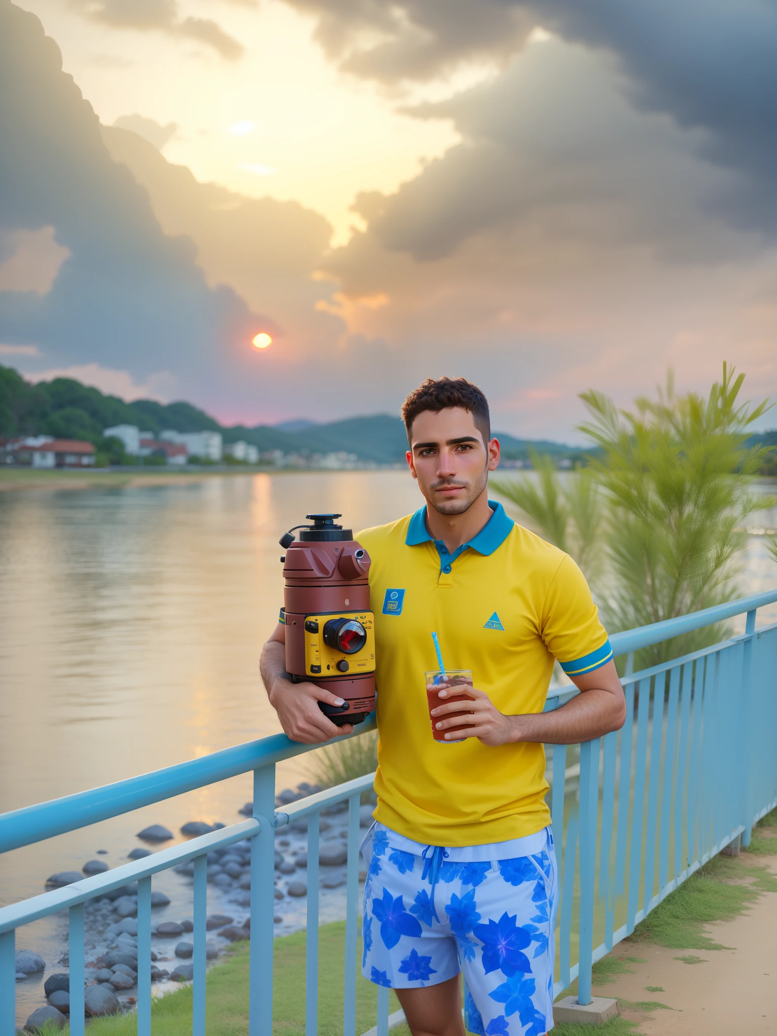 Man holding a drink and a fire hydrant by a river, with sunset, potrait de corpo inteiro segurando garrafa, Foto tirada com Canon 5D, Tiro na Nikon Z9, mateus 9 5, com uma cidade em segundo plano, caio santos, Alex, Tomado com Sony Alpha 9, Tiro na Nikon D 3 2 0 0