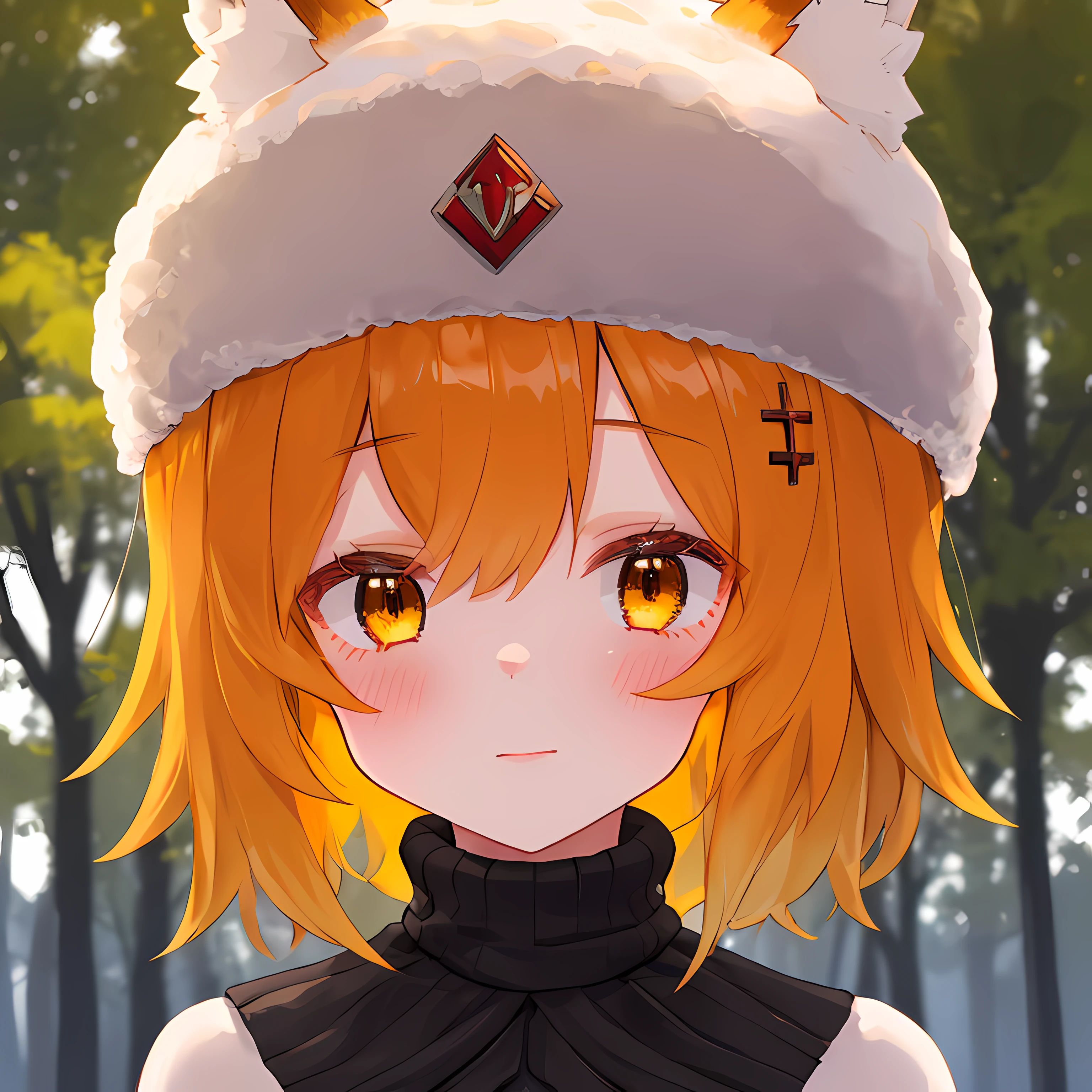 (Best Quality,4k,hight resolution,Masterpiece:1.2),Fox Girl,ear,On the Front Line,single girl,Bushes,the trees, Detailed girl, beatiful face, redhead hair, pretty eyes, very detailed eyes, Beautiful yellow eyes, Almost orange eye color, Very nice girl, In the country, Russian Winter, Russian atmosphere