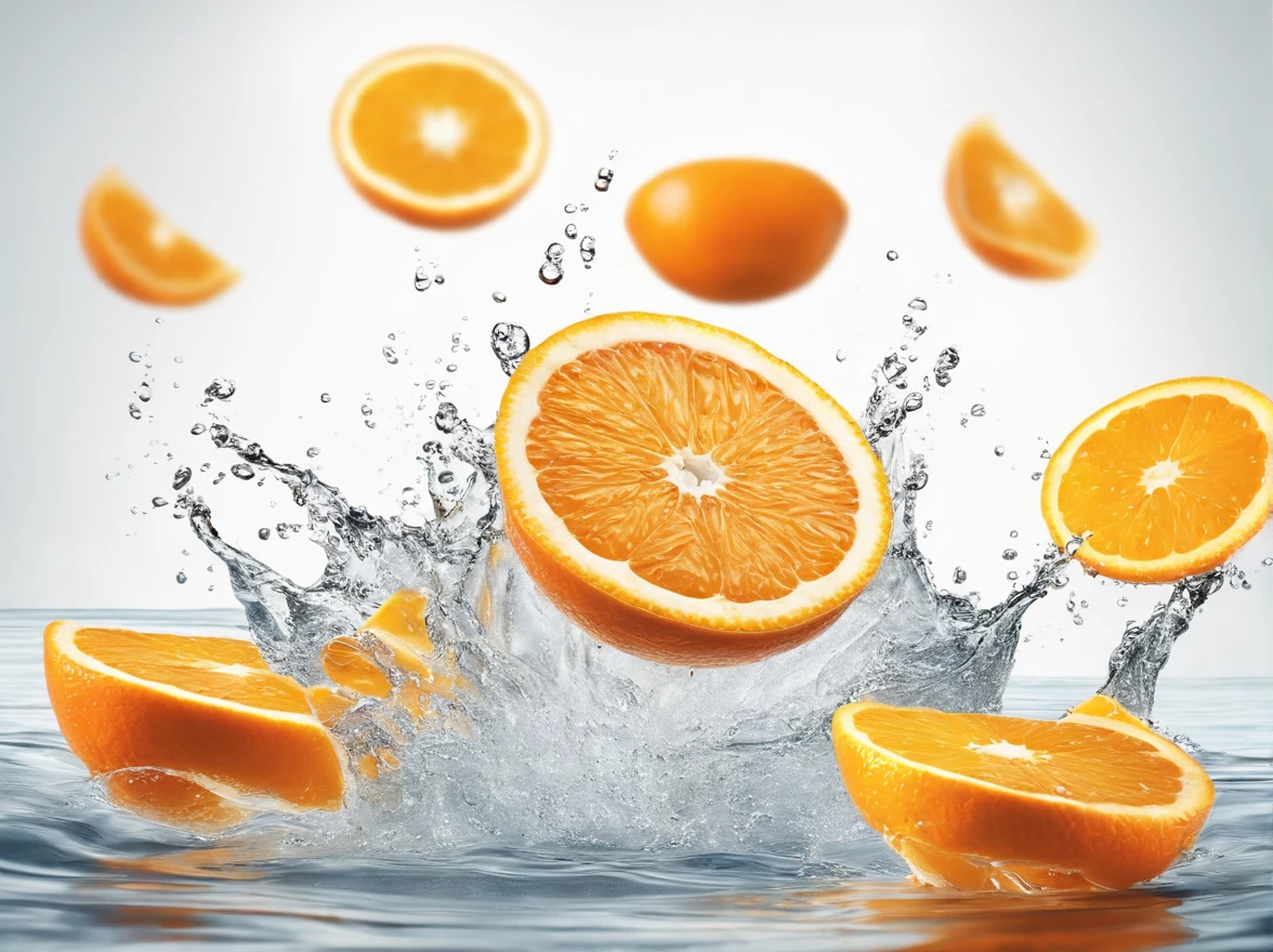 an orange is splashing into the water with orange slices in the foreground and a white background with a white background, photorealism, orange, a 3D render