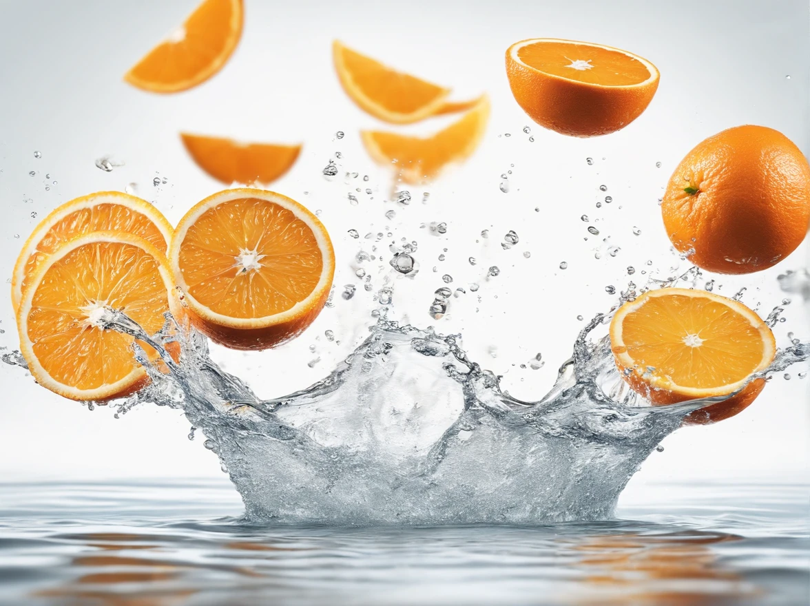 an orange is splashing into the water with orange slices in the foreground and a white background with a white background, photorealism, orange, a 3D render
