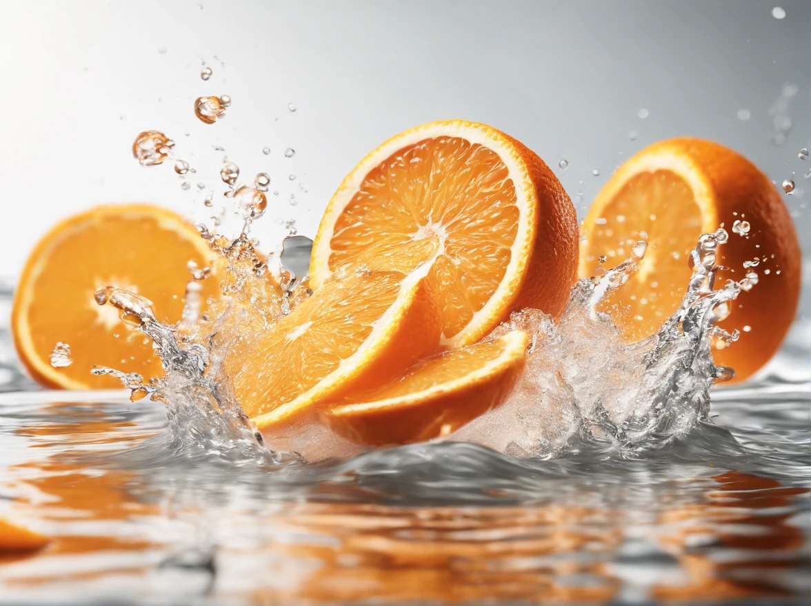 an orange is splashing into the water with orange slices in the foreground and a white background with a white background, photorealism, orange, a 3D render