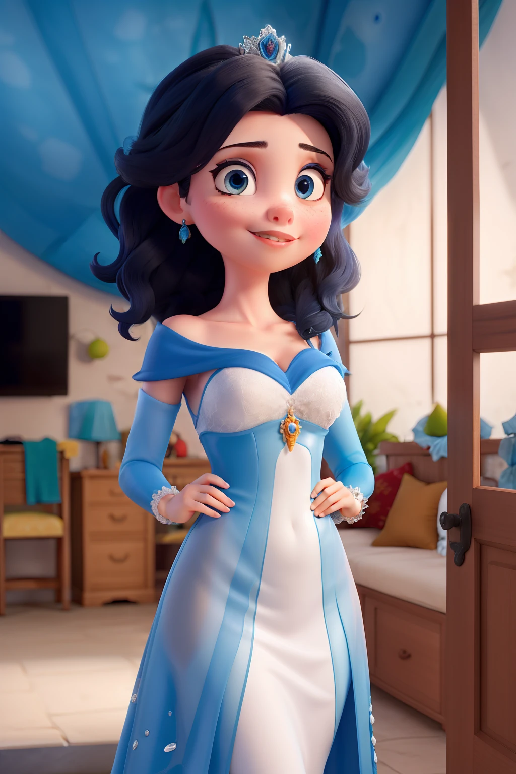 Mulher sexy, poder de gelo,eyes blue , hair black, vestido de princesa azul, confusa no quarto, Ice Castle Behind