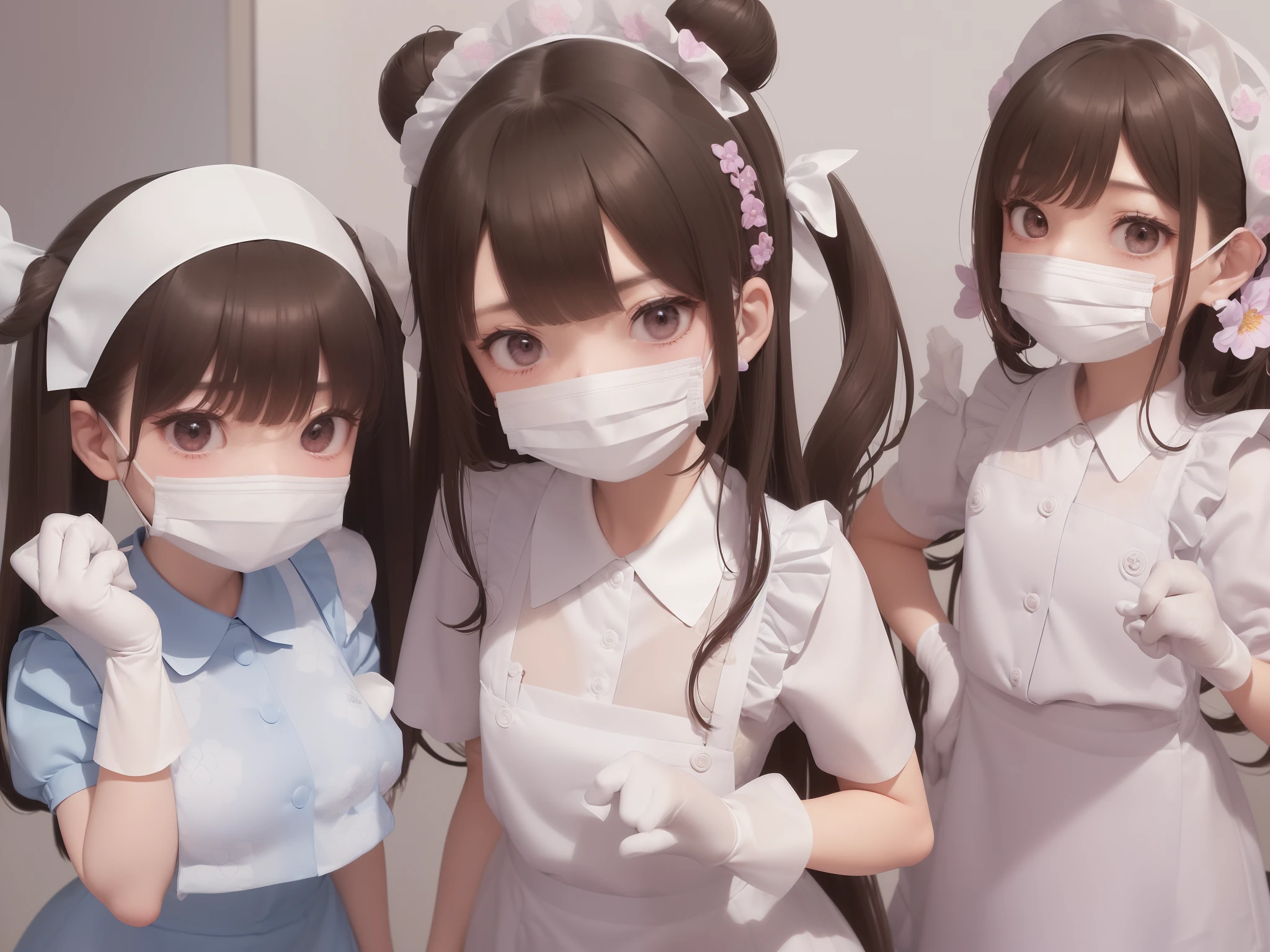 a matural female、Sadistic atmosphere、Dental Instruments、Brown hair、poneyTail、Dental Hygienist、Nurse hat、Medical Clothing、rubber clothes、Mint Blue、((with floral pattern、Collared nurseswear、puff sleeves、No ribbon、No exposure、shortsleeves、Long length dresses、f lare、Rubber material))、((with floral pattern、Long length、with frills、Apron Dresses、Medical、Rubber material)), ((White the、Long gloves、ratex)) ((maior、surgical mask、Rubber material、Cover up to the nose)) ((Dental Clinic Background))、With keen eyes, 22year old, Best Quality, masutepiece、Dental Clinic Theme,dominant、harsh eyes、Rubber material、Dental Clinic Background、masterpiece、top-quality、(white stockings)