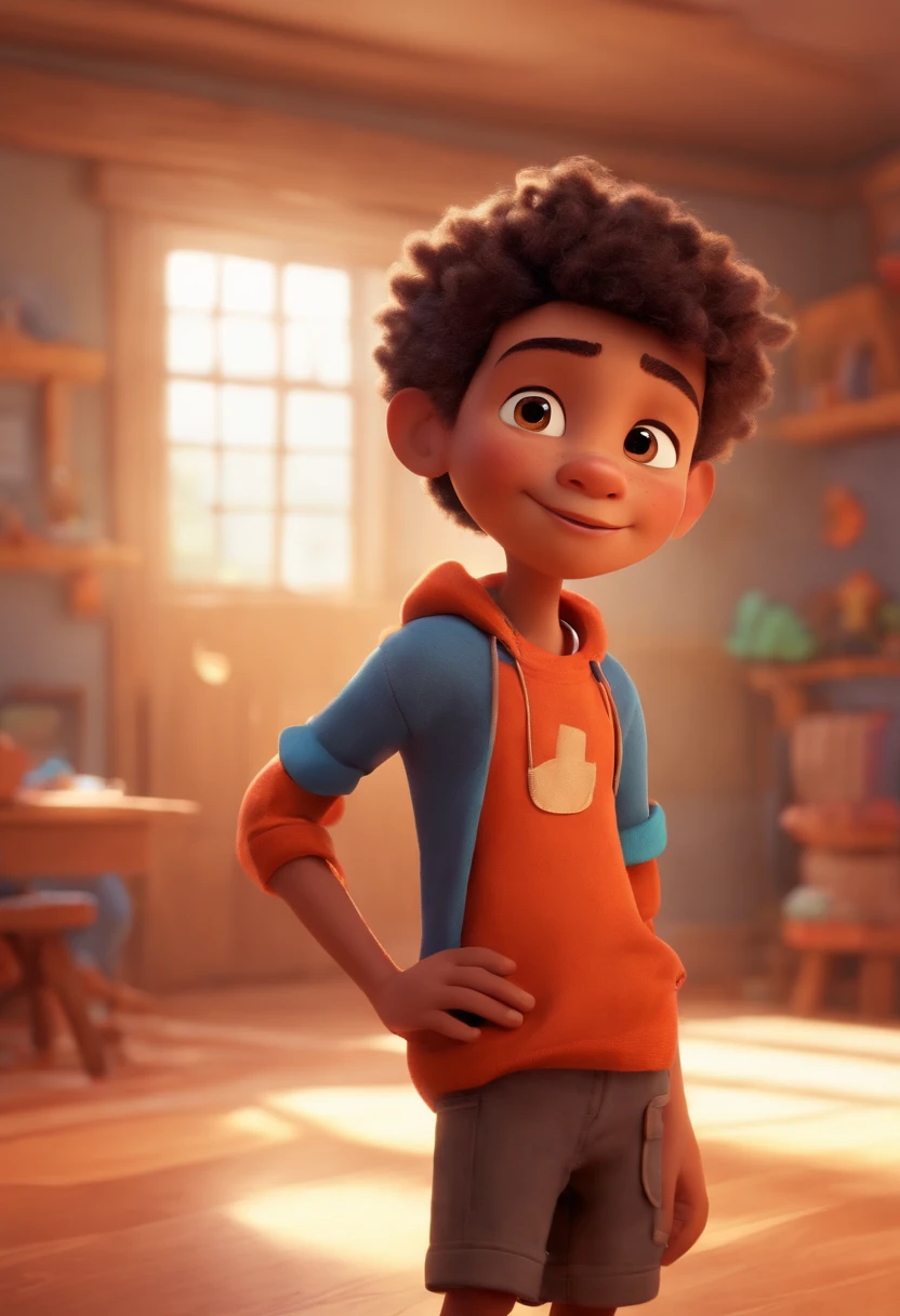 Image of a boy for a story in a YouTube video in Pixar format, He's the little allabester, He's the class leader, He's outgoing, Playful and gets up for a lot of things, cabelo curto