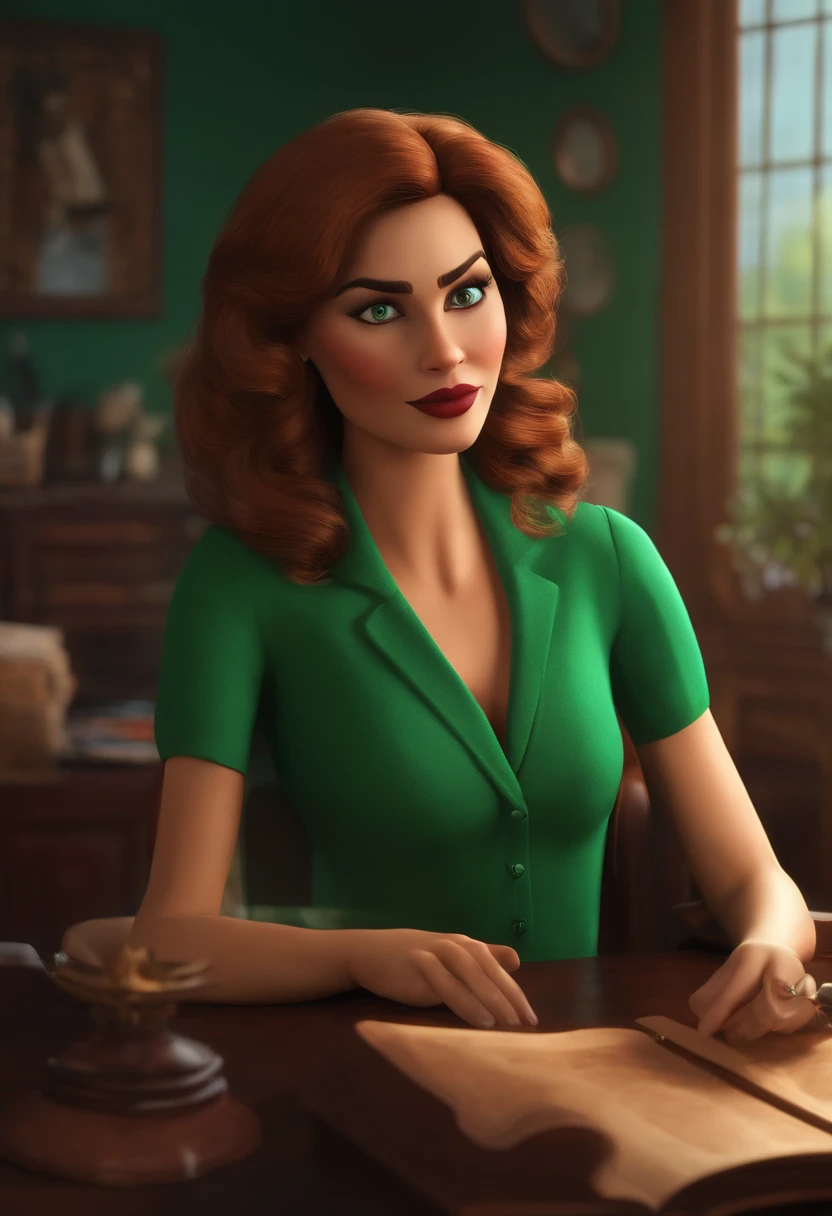 uma mulher, olhos verdes, She is a psychologist, It's in your office, tipo de desenho Disney, Pixar, 3d, Disney