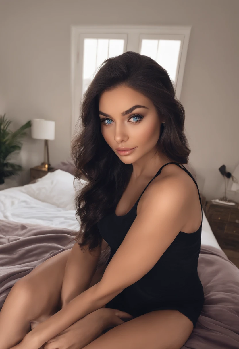 arafed woman fully , sexy girl with blue eyes, ultra realistic, meticulously detailed, portrait sophie mudd, brunette hair and large eyes, selfie of a young woman, bedroom eyes, violet myers, without makeup, natural makeup, looking directly at the camera, face with artgram, subtle makeup, stunning full body shot kneeling on bed, in bedroom, medium to large size bust mixed race