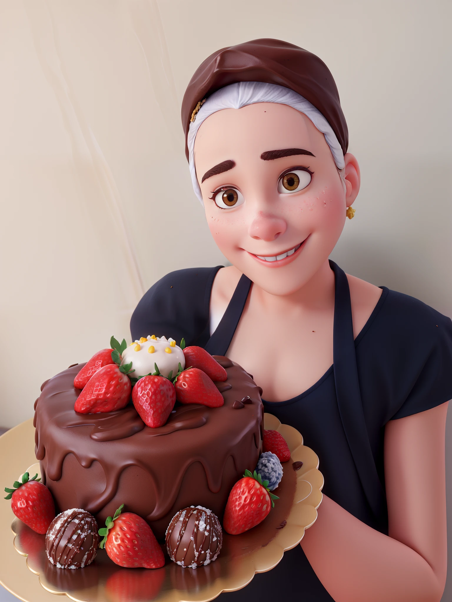 White confectioner with brown tiara on her head holding a chocolate cake with strawberries and brigadeiros, Disney Pixar image