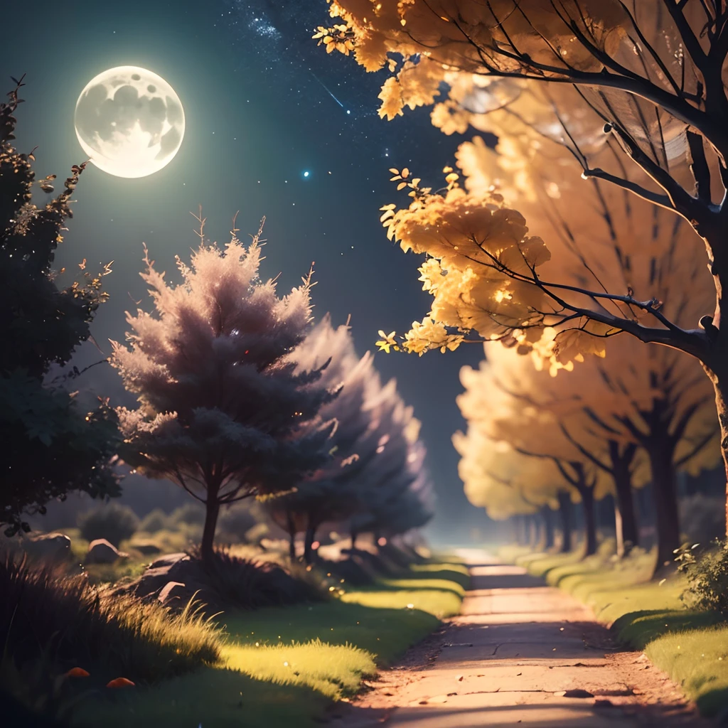 A Photograph showcasing ethereal glow on a mysterious path as moonlight dances through enchanting foliage, whispering secrets of the night. --auto --s2