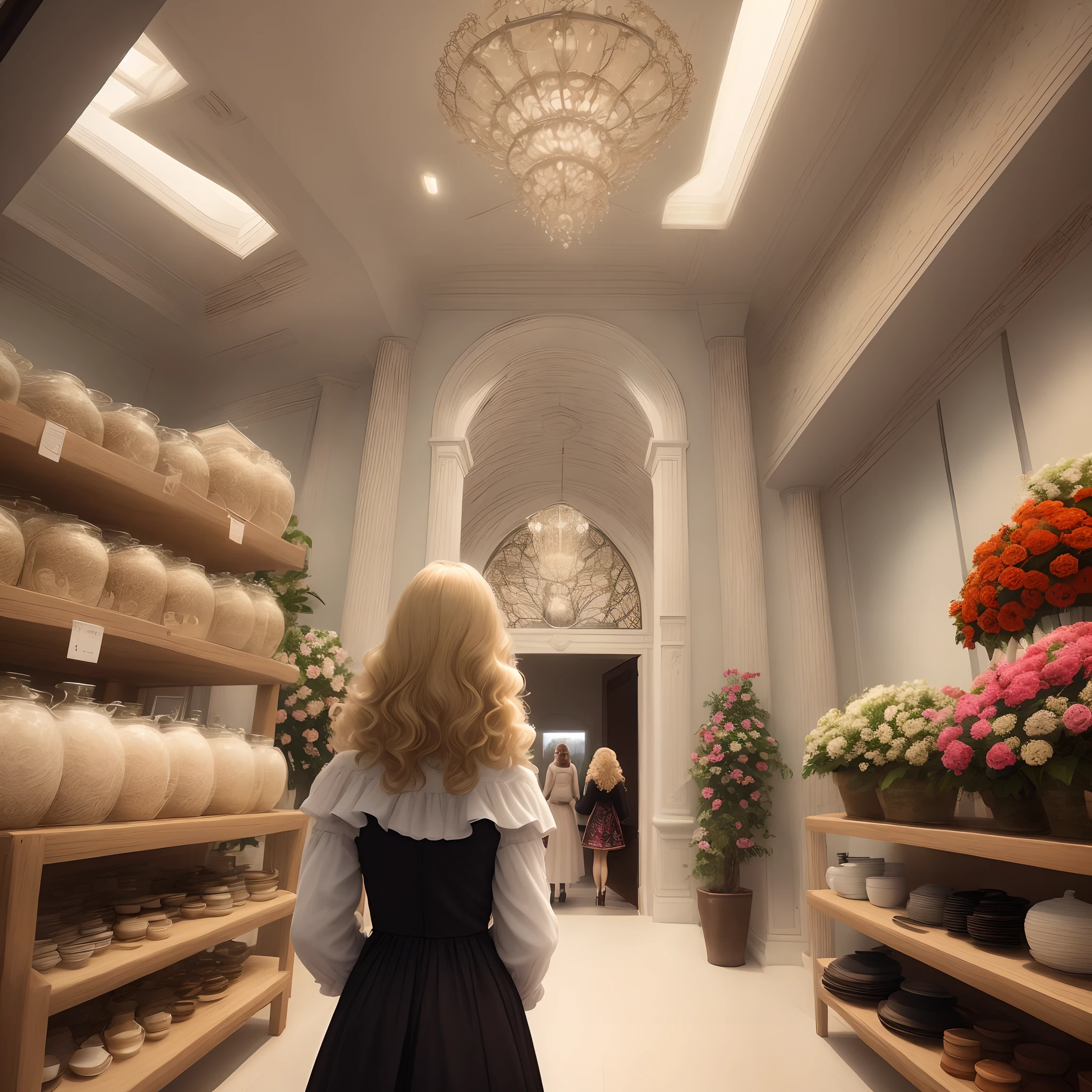 Create a movie cover with two women, a blonde with straight and medium hair and a brunette with medium wavy hair in an architecture decoration store written Vila Nobre Decor