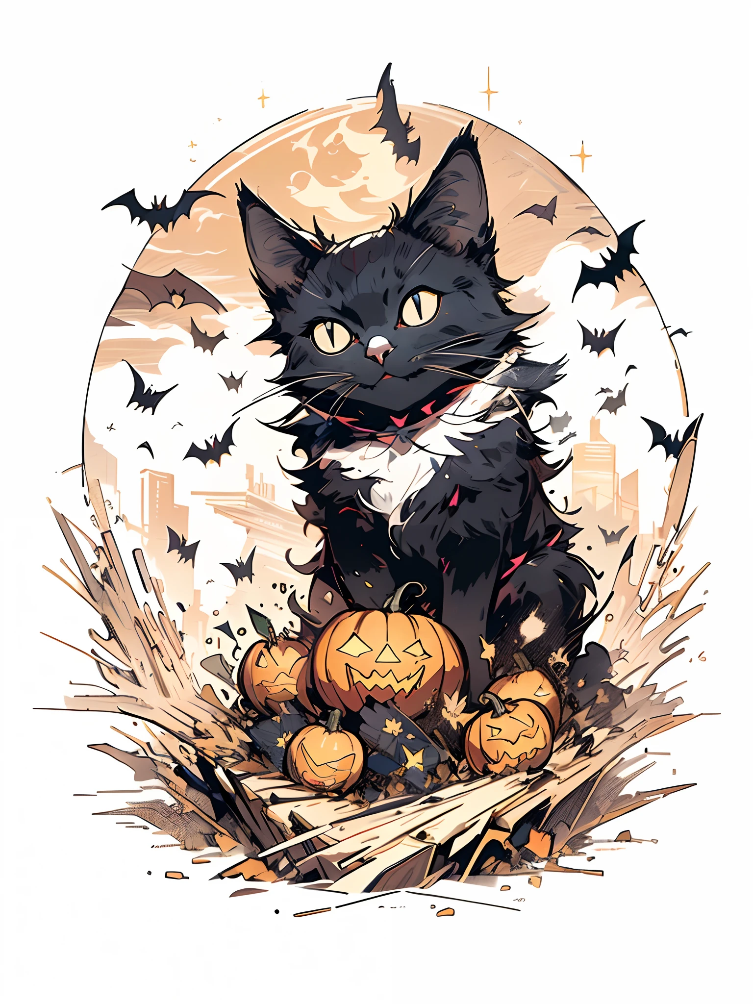 print ready vector t-shirt design, halloween scene with black cats, spiders and pumpkin, with beautiful nocturnal moon and bats in the background, clean white background, professional vector, full shot, 8K resolution, deep impressionillustration