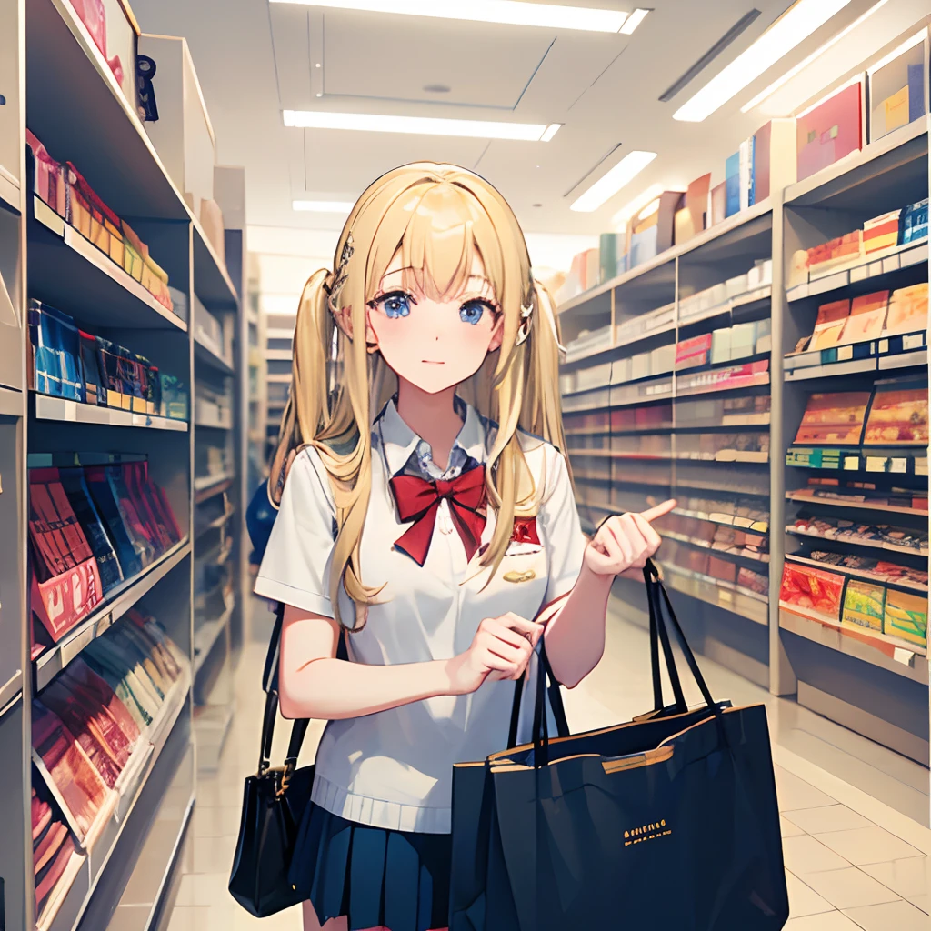 High school student wearing blonde uniform shopping