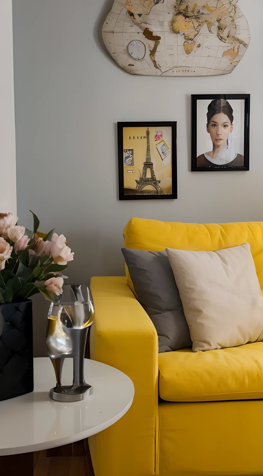 A room with light gray walls and yellow sofa. Com quadros do mapa mundi, de Paris e de uma atriz. Tem flores na mesa lateral. Estilo pixar